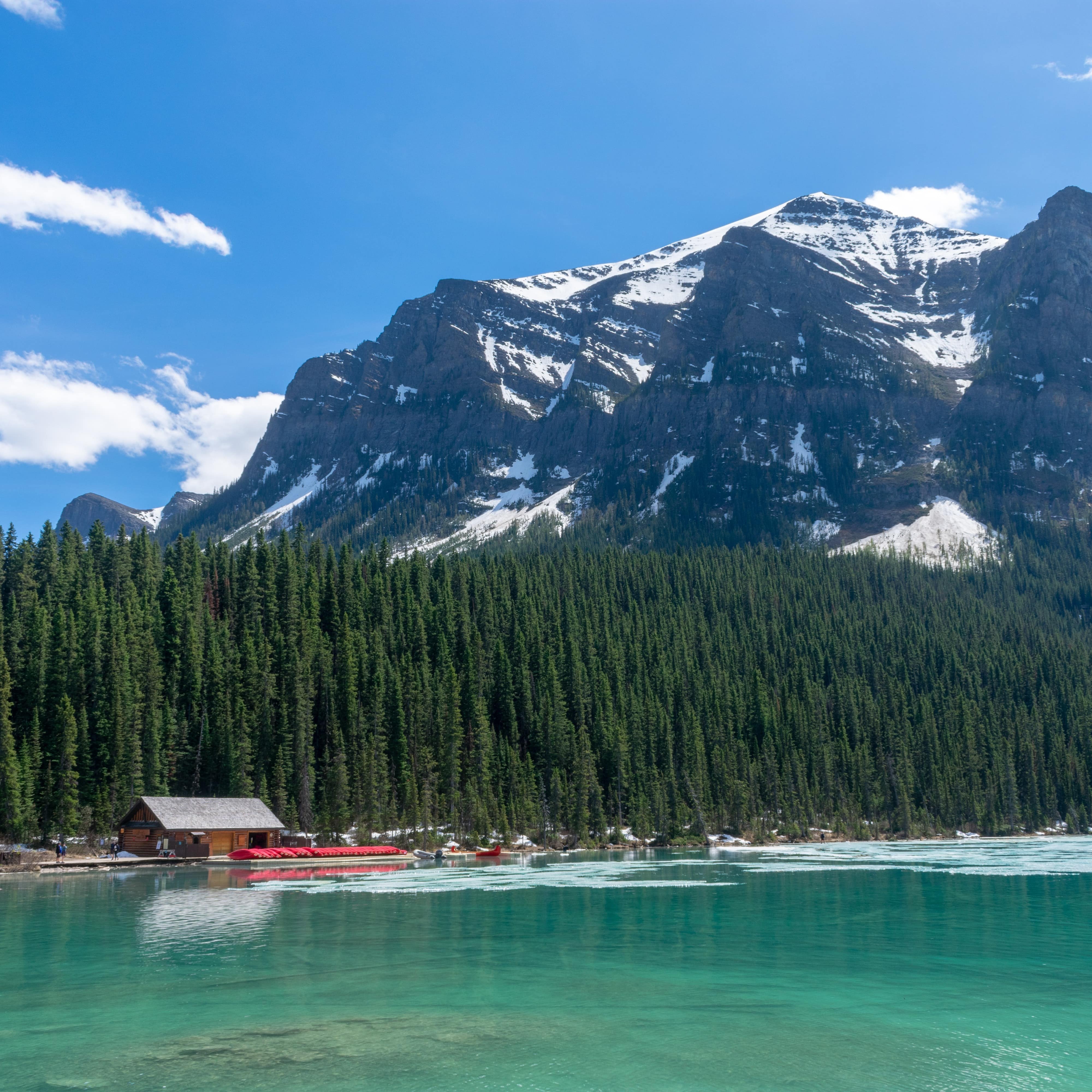 A lake house surrounded by lush green pines and a beautiful snow covered mountain.