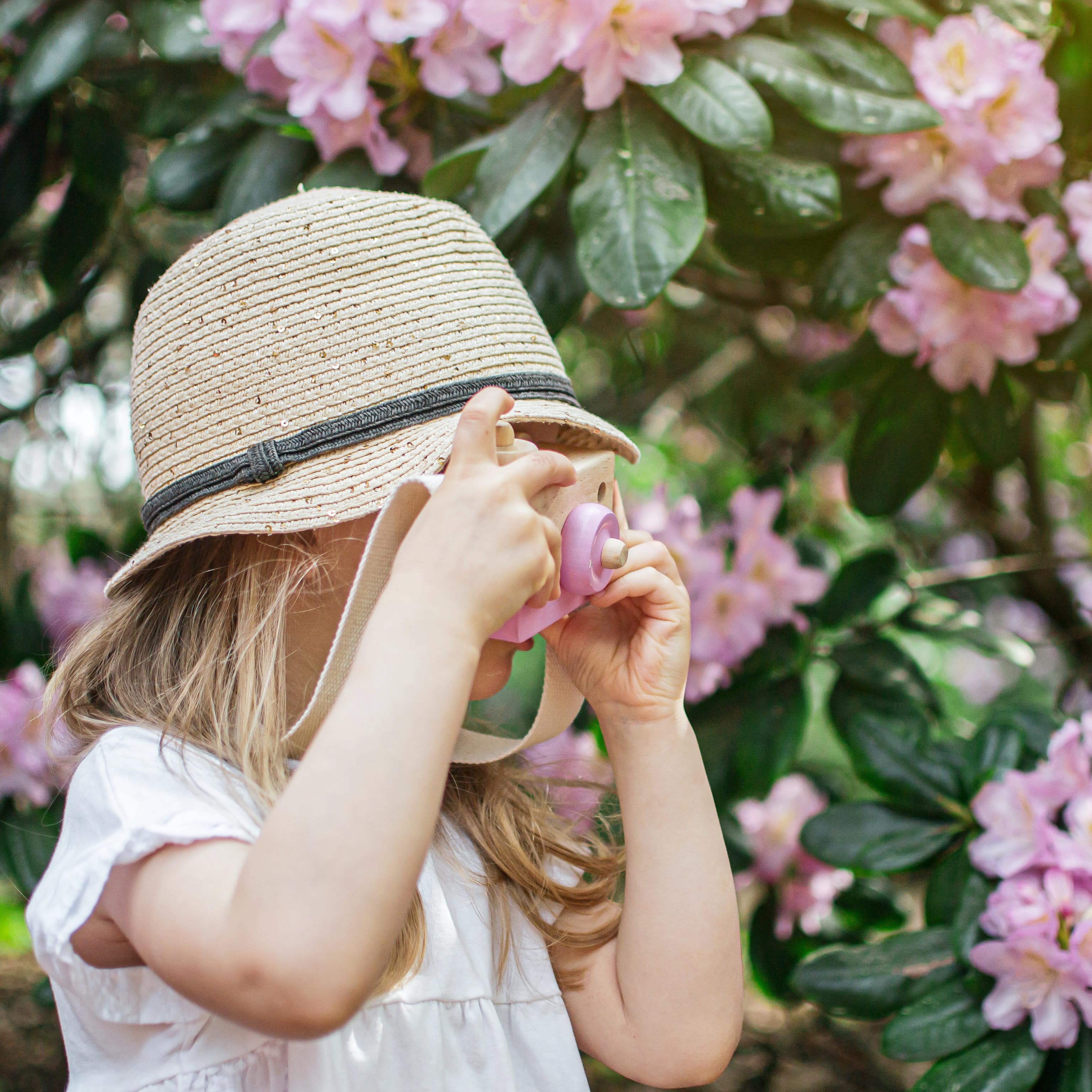 Little girl taking a picture of rhododendron