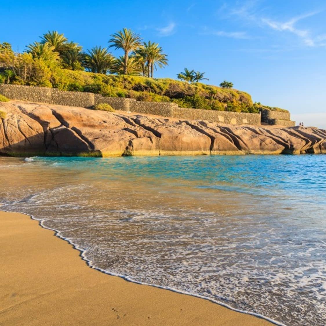 Sandy shoreline with calm ocean water against a rocky background