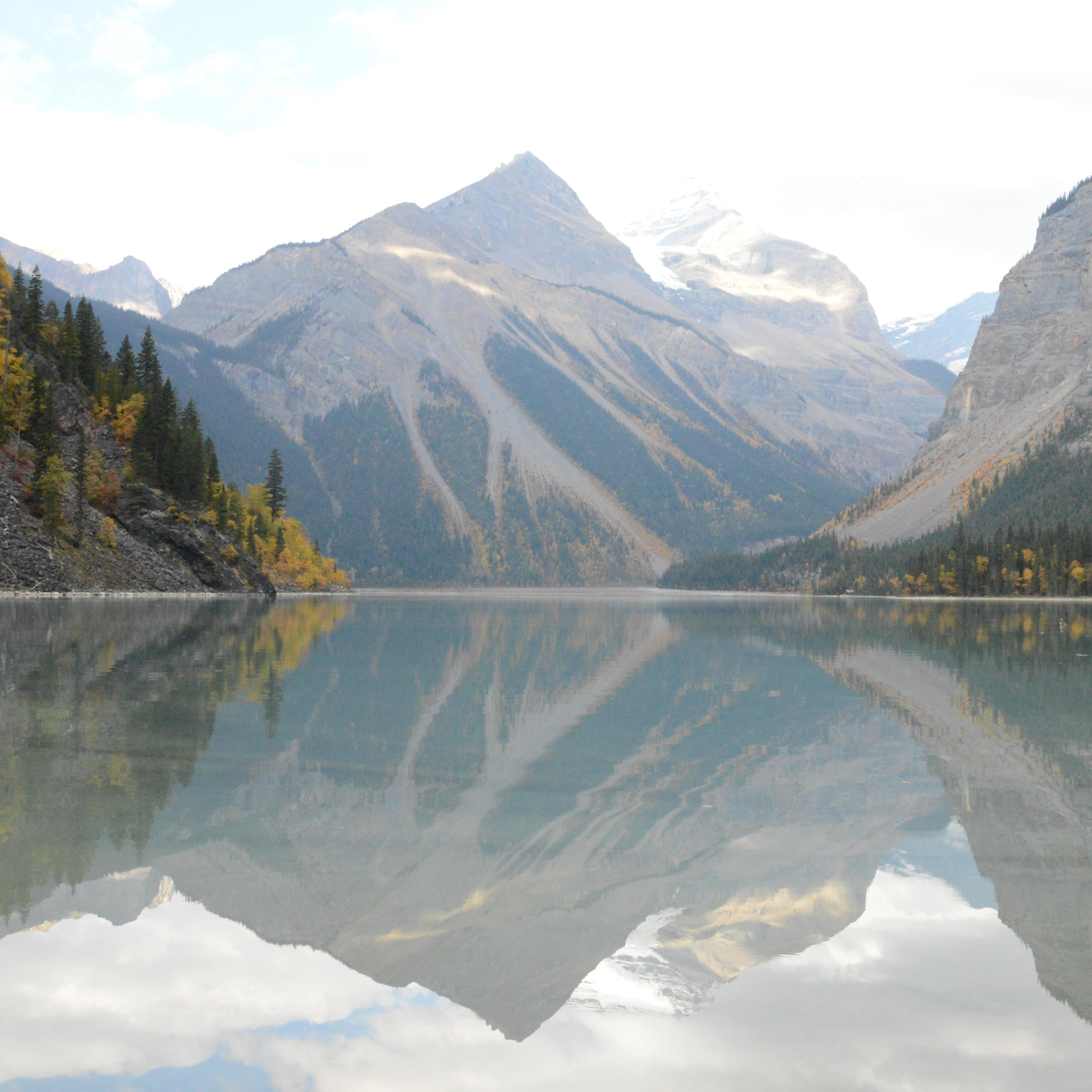 Berg Lake reflecting the snow-capped mountains in the distance