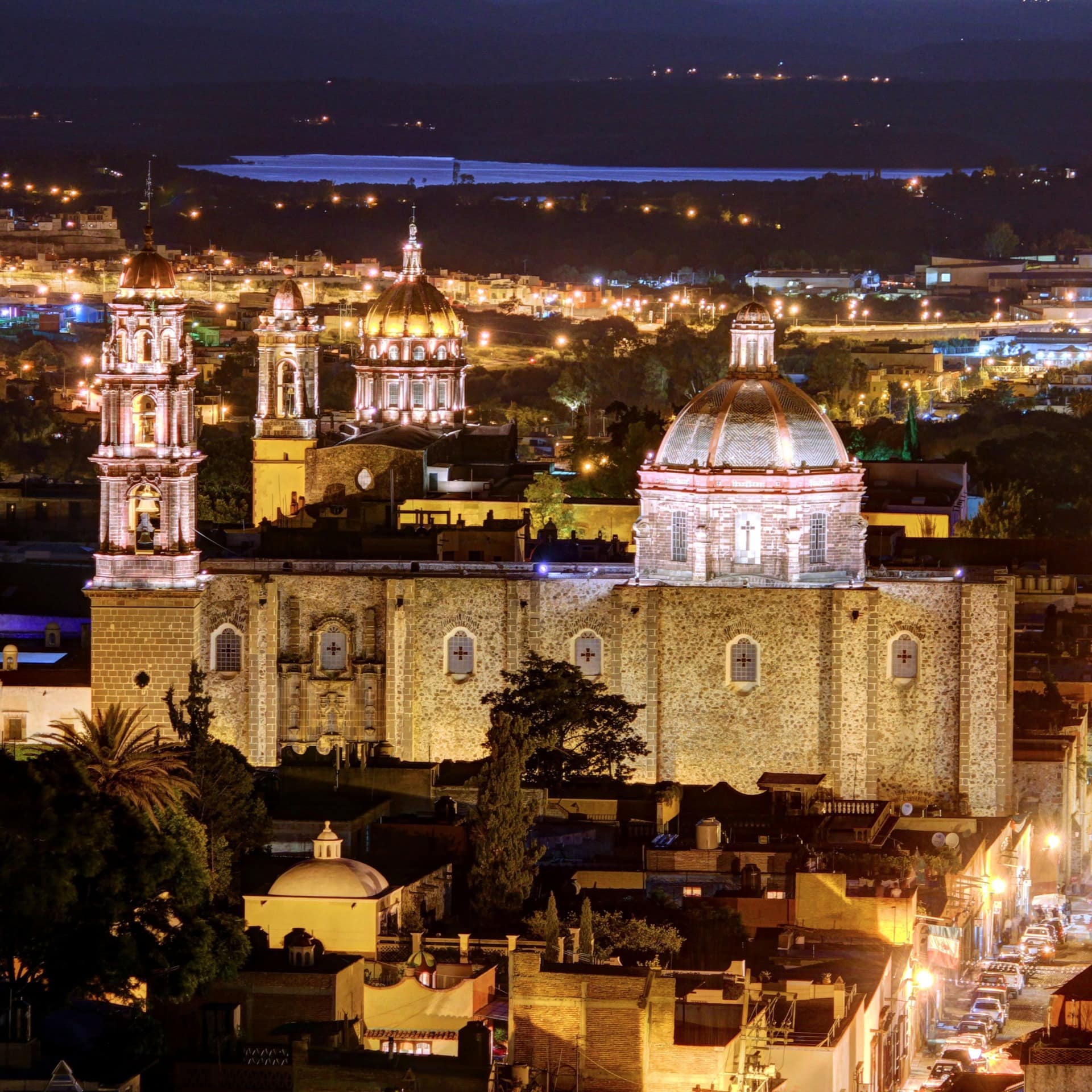 Illuminated city skyline at Christmas