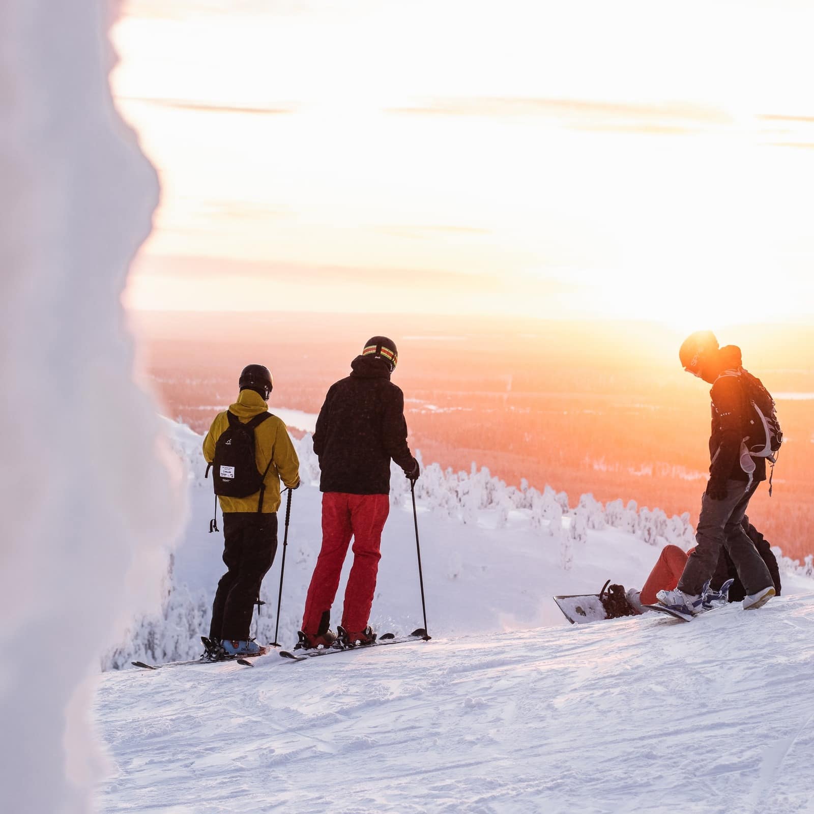 Group of skiers overlooking valley below at sunset