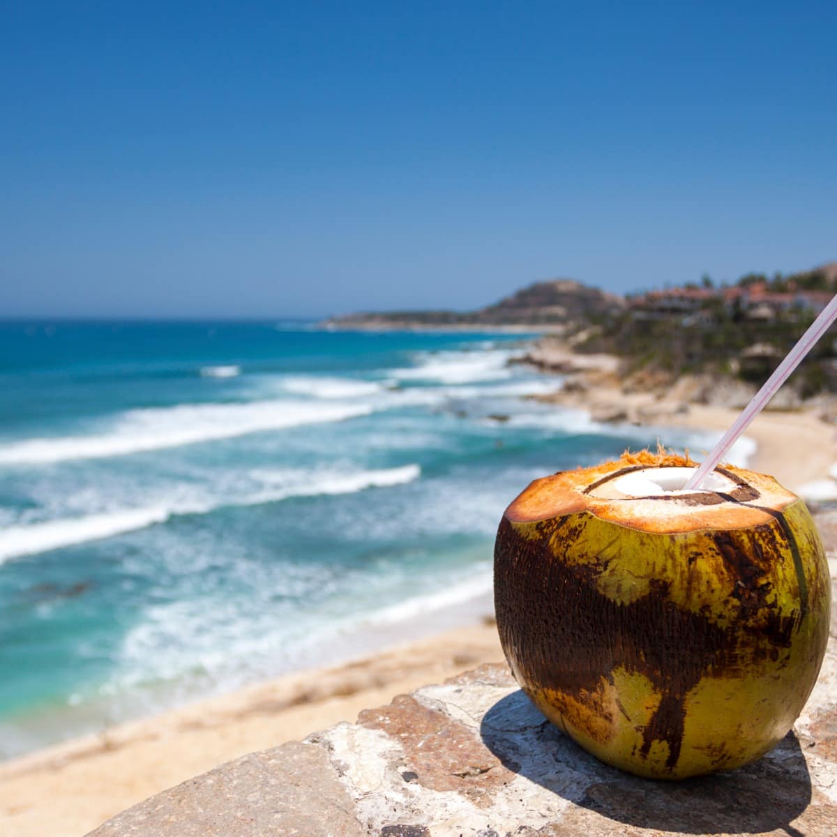 Closeup of a coconut drink with ocean waves in the distance