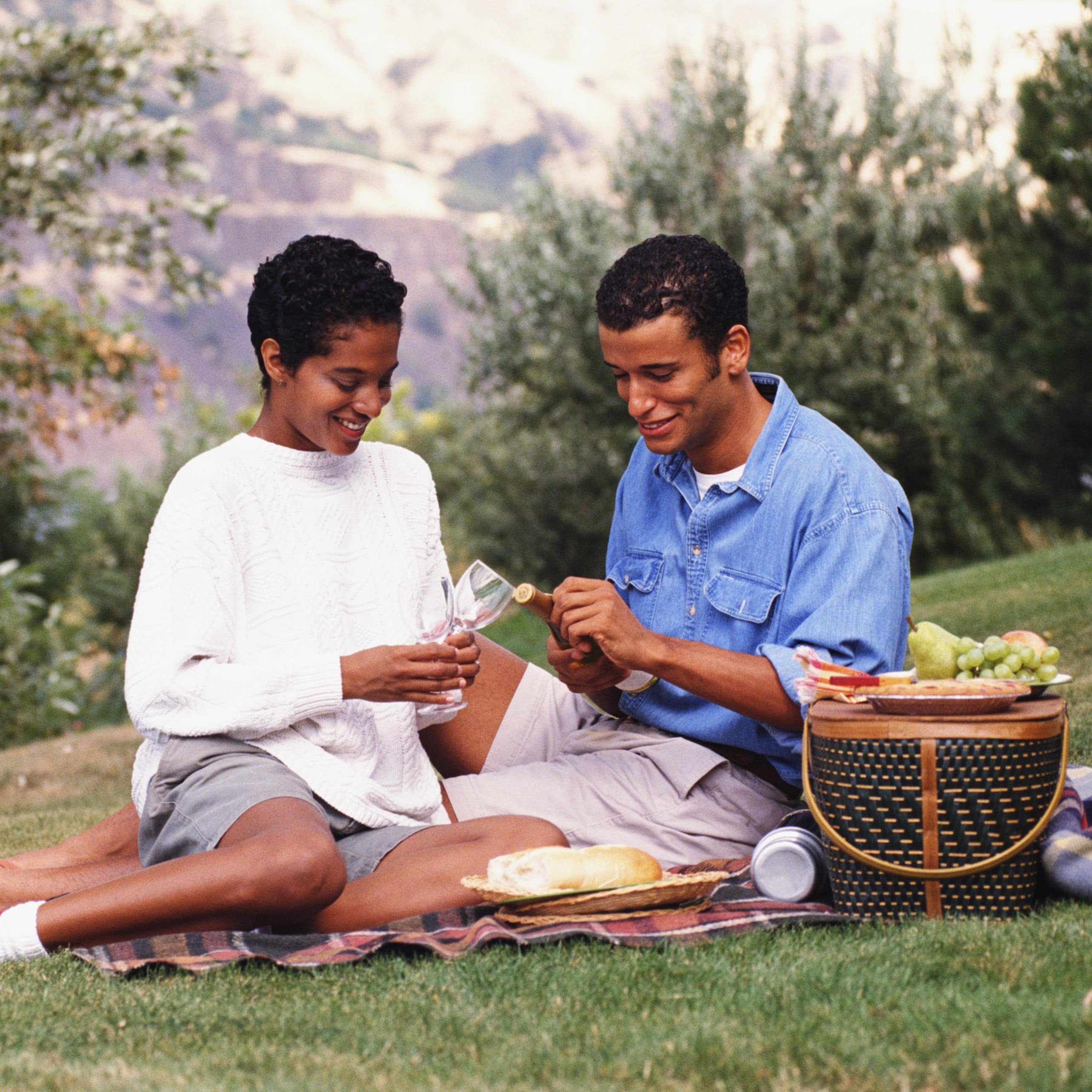 A couple sitting in a lush park enjoying a picnic with wine and grapes.