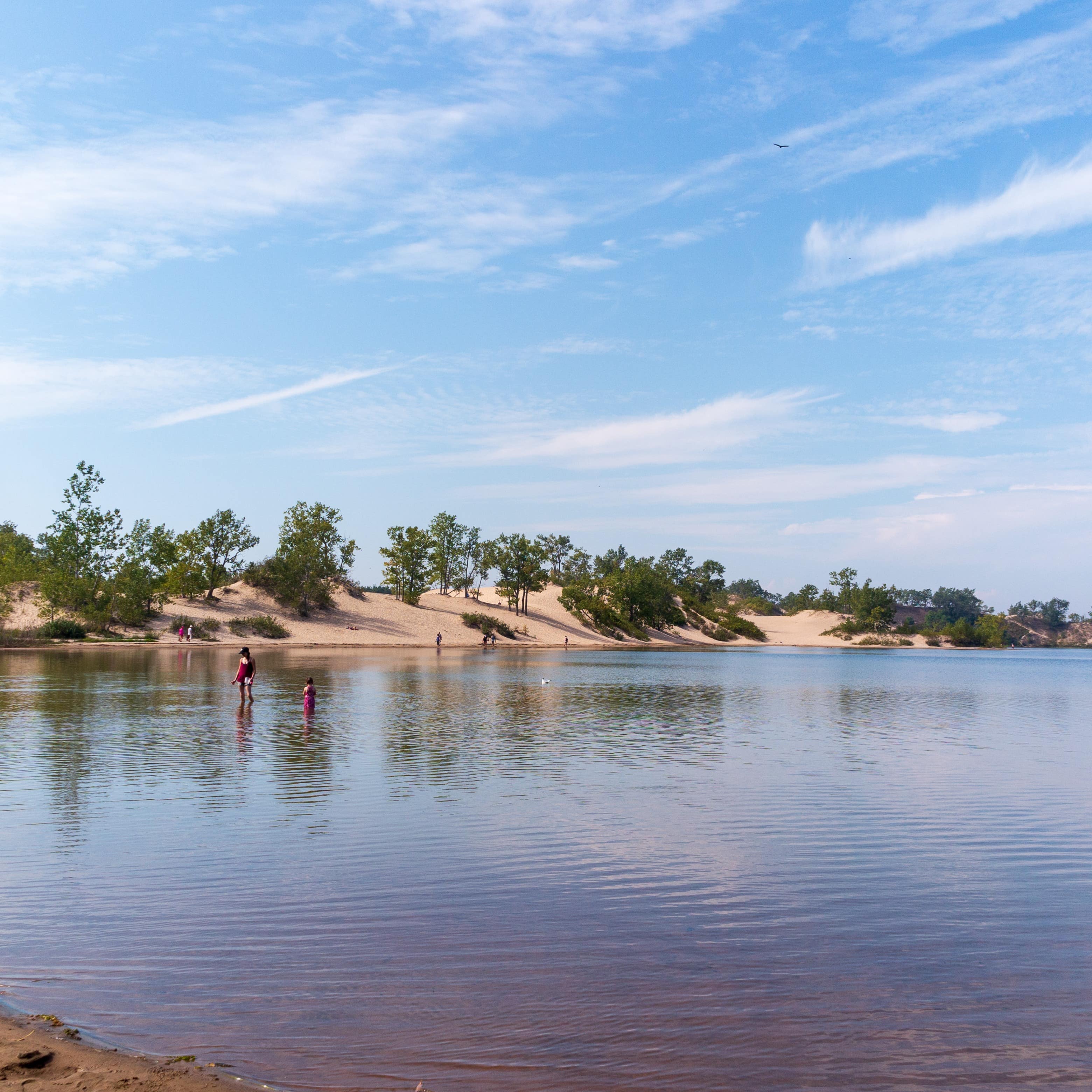People enjoying the water on a clear and sunny day.