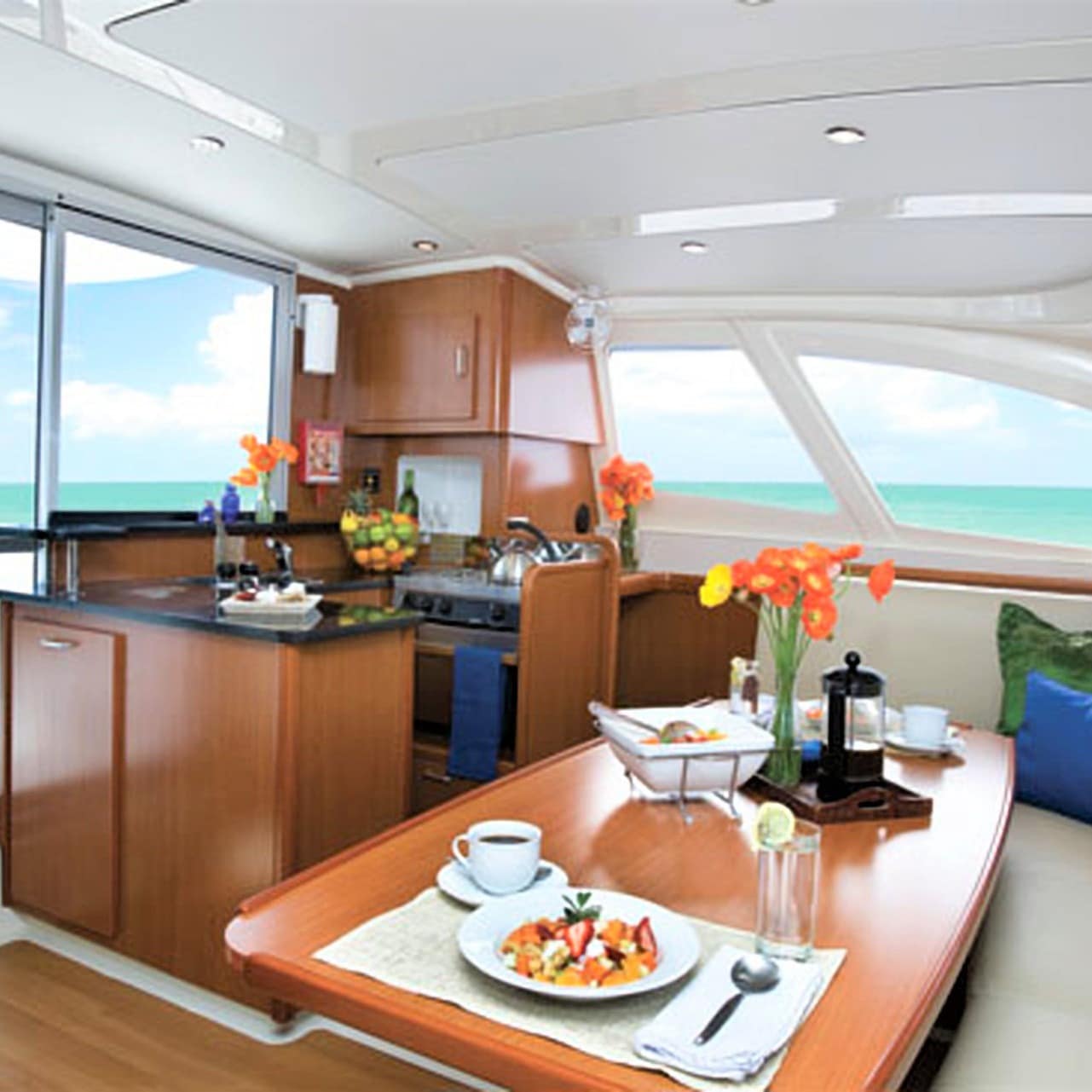 Kitchen and eating area with a beautiful view of the sea 