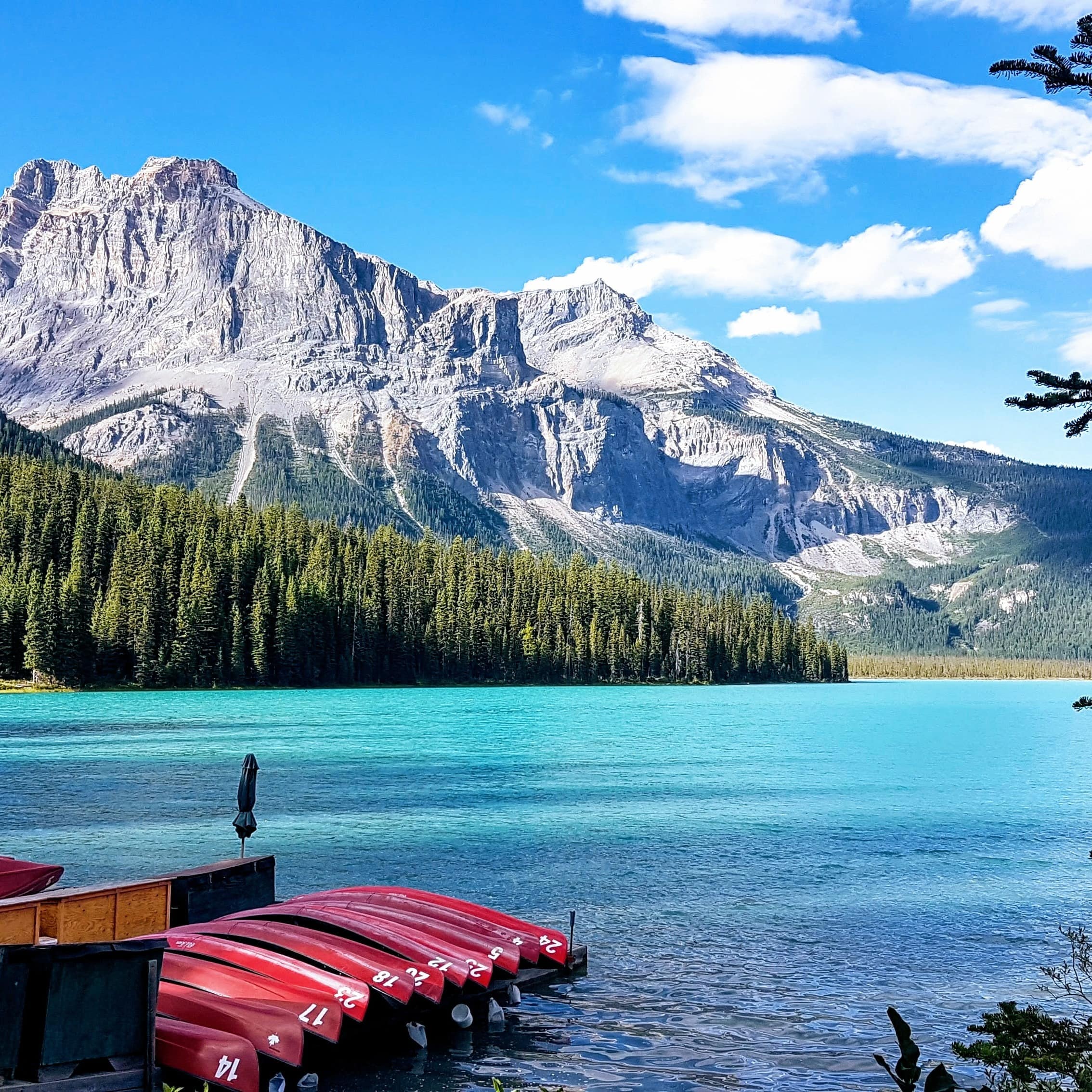 Kayak rack on a dock in Emerald Lake with the rocky mountains and blue sky in the background