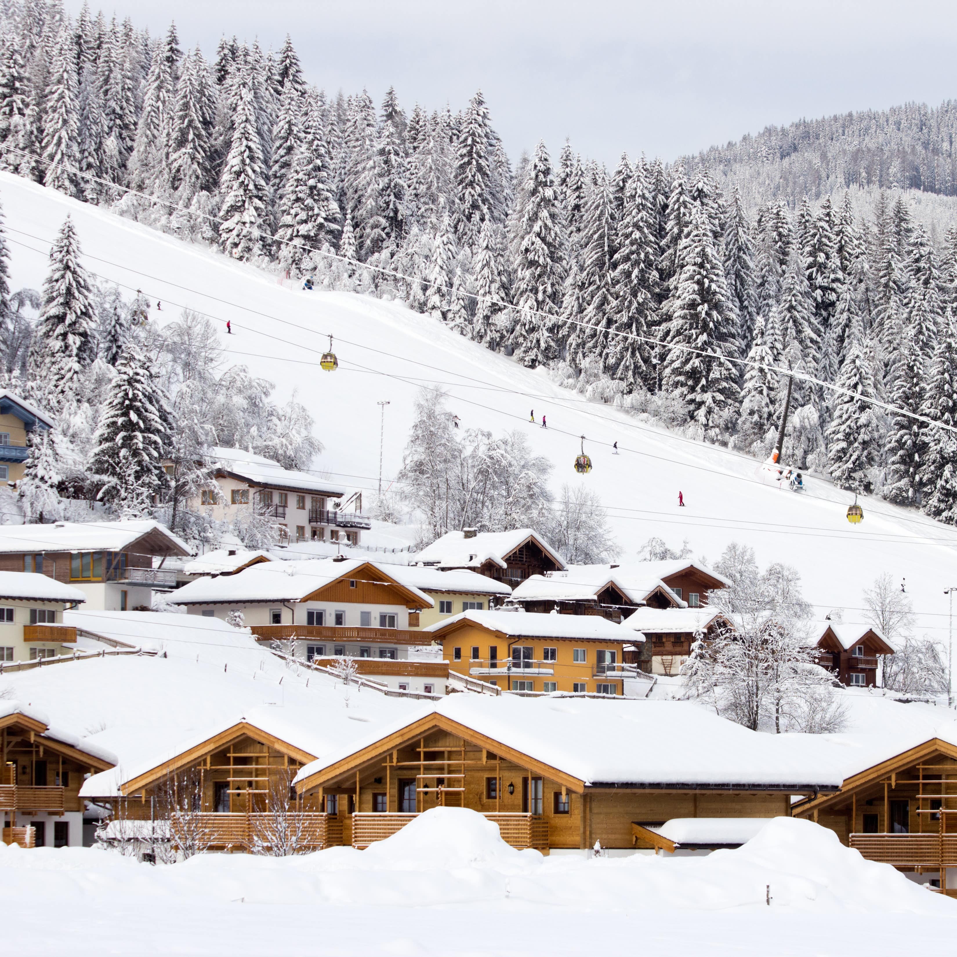 Ski resort with covered cabins with miles of snow covered pines behind them.