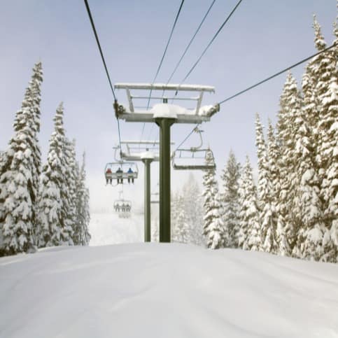 Ski-lift between the mountain trails bordered on both sides by snow-topped evergreen trees