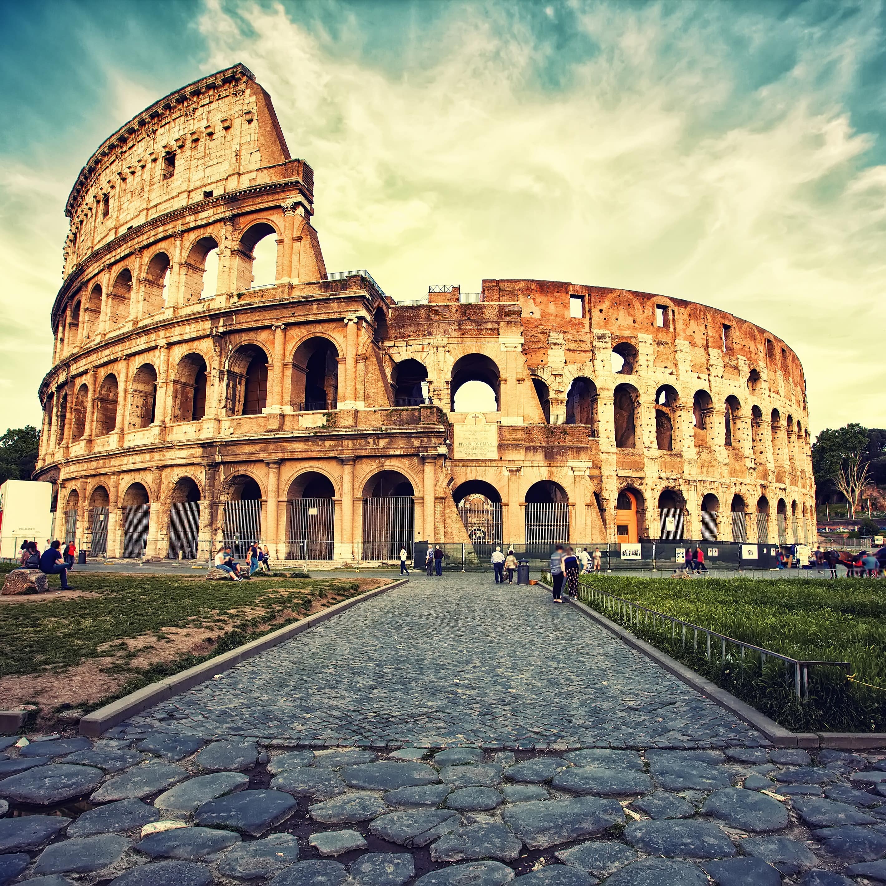 View of the Colosseum right before sunset in Rome, Italy