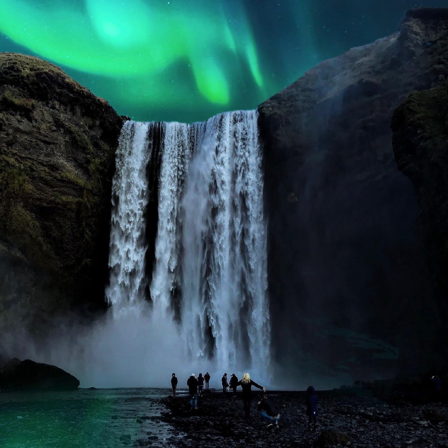Stunning view of the Northern Lights over a waterfall