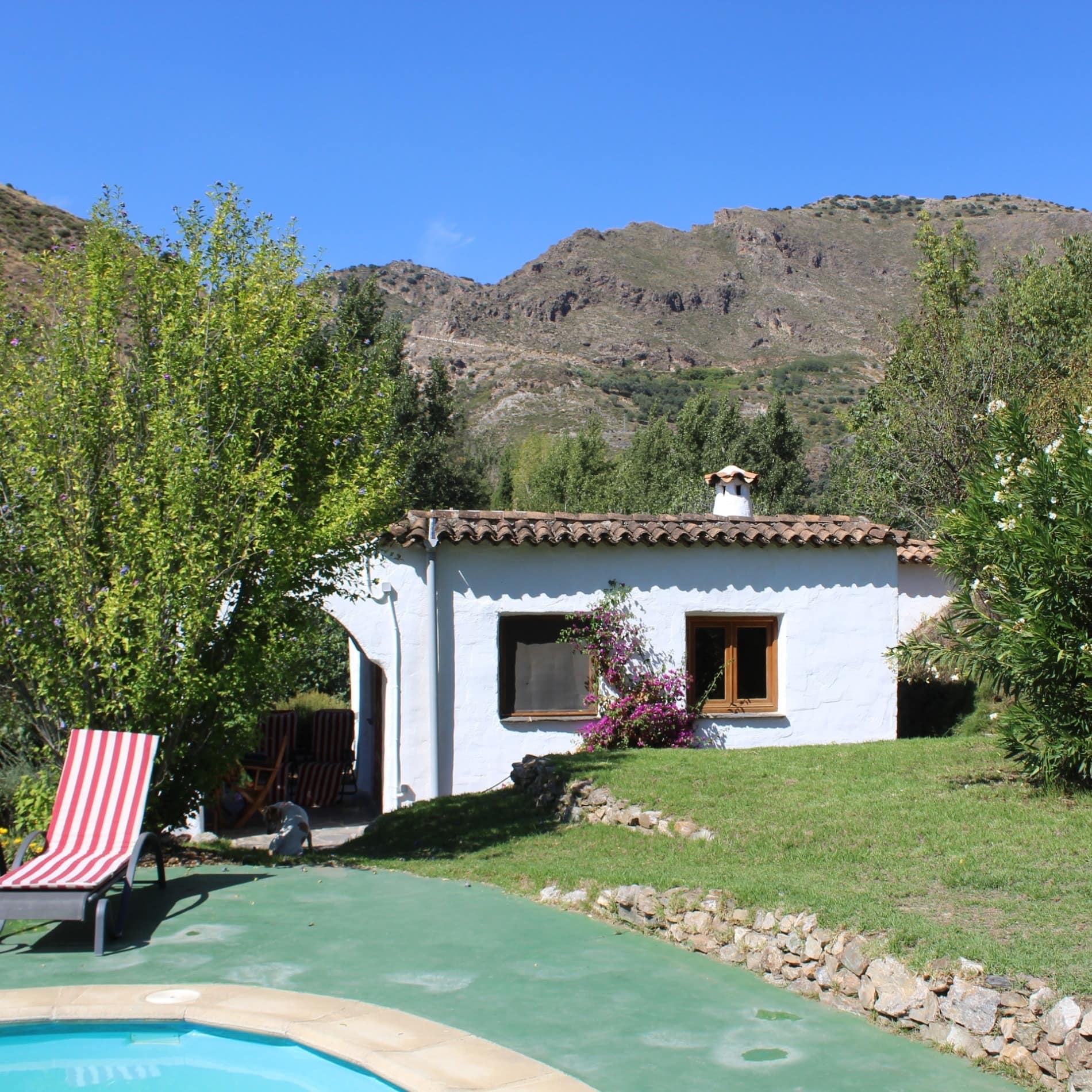 Casa blanca de un solo piso con jardín y piscina rodeada de vegetación y montañas