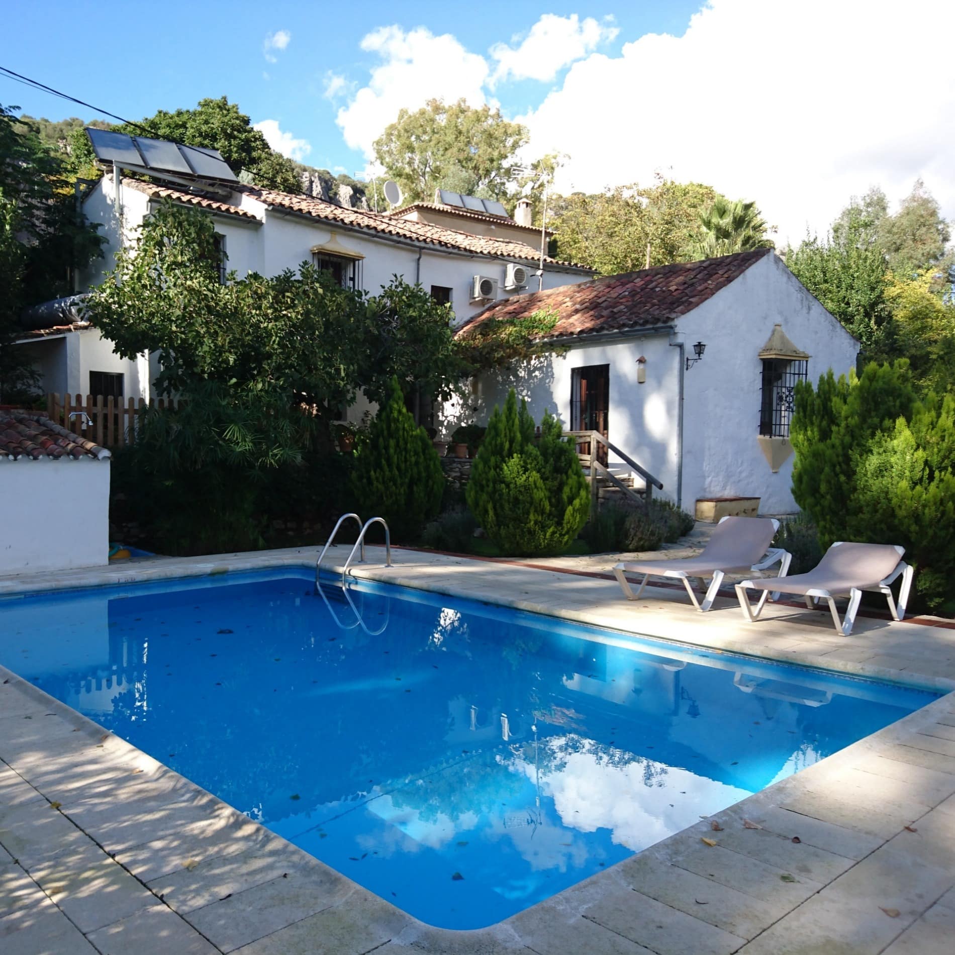 Jardín con piscina y tumbonas delante de gran casa de campo blanca rodeada de árboles