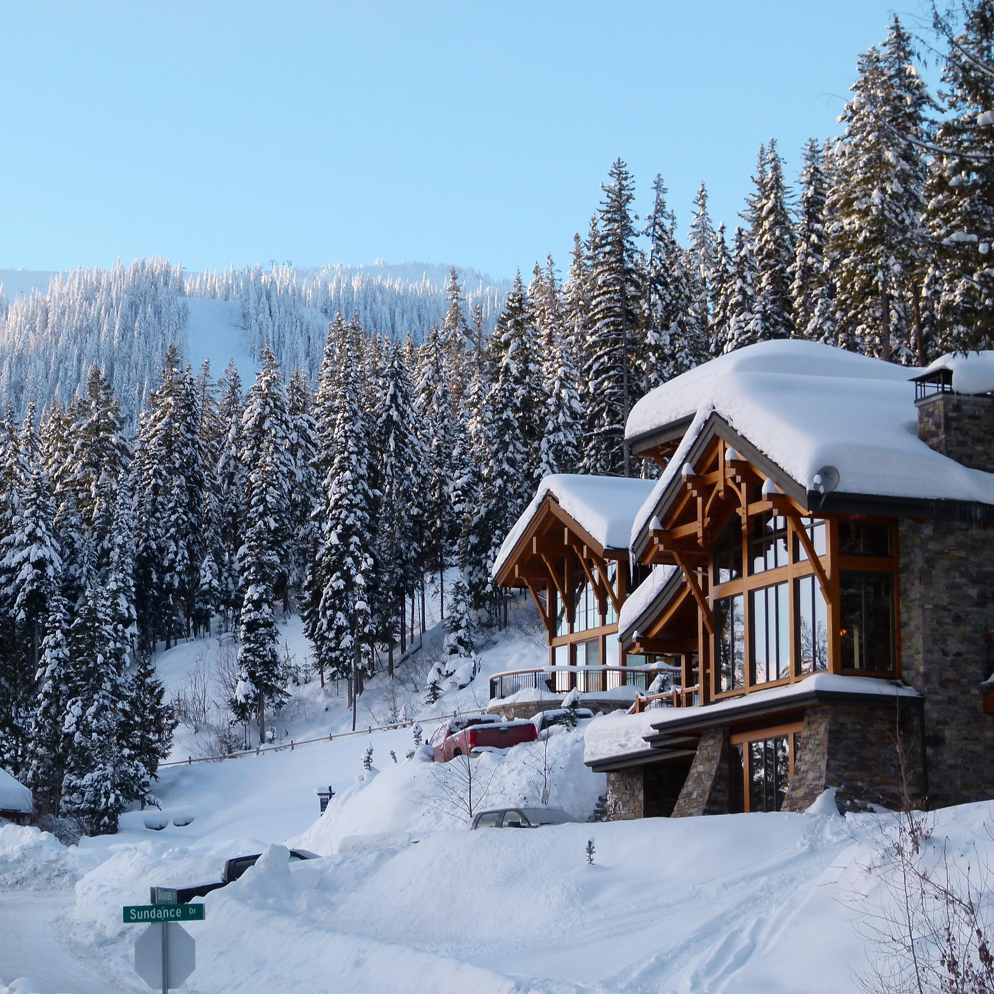 Chalet-style cabins at the base of a mountain slope covered in evergreen trees and snow