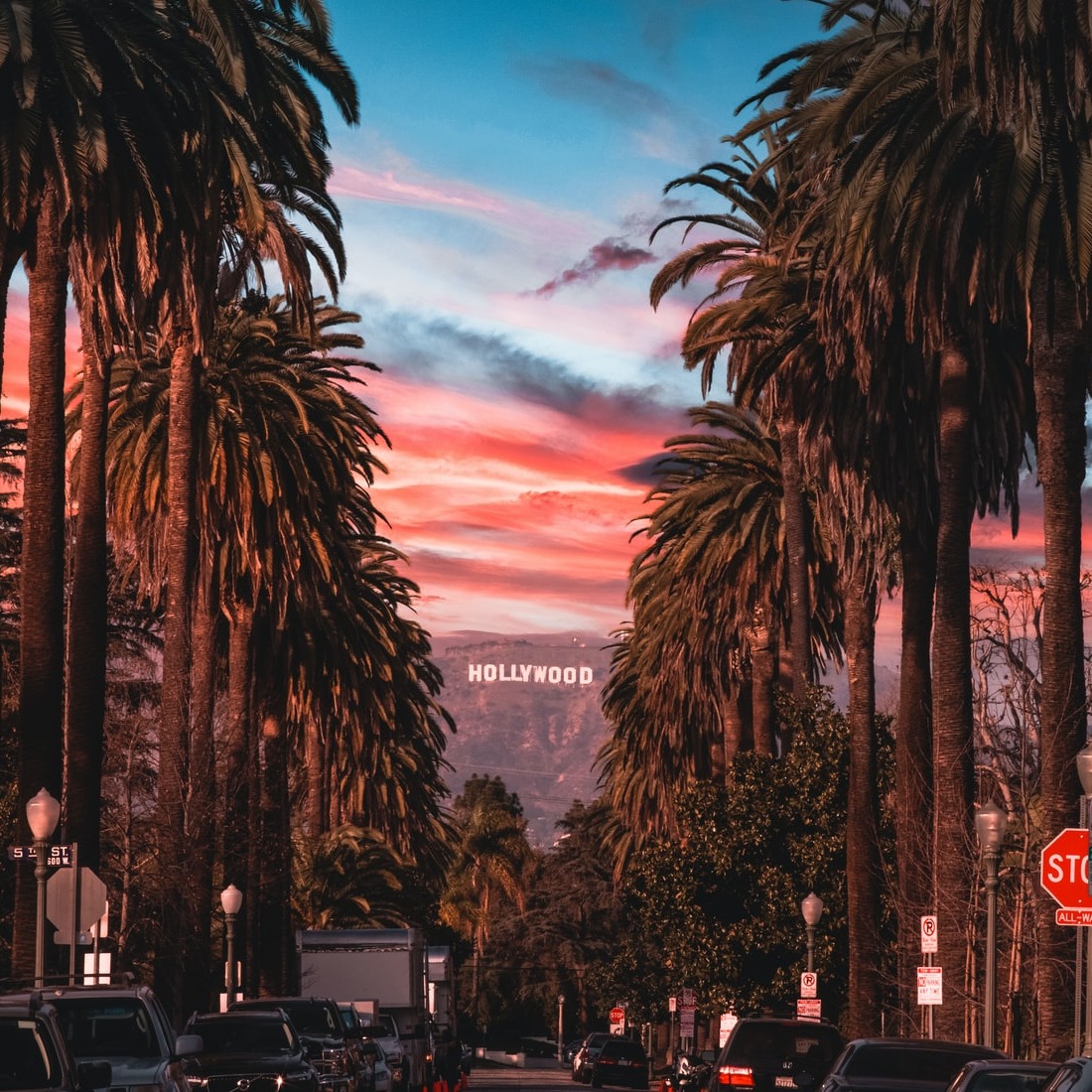 Zicht op de wereldberoemde letters Hollywood in de heuvels van Beverly Hills vanaf een lommerrijke laan bij zonsondergang 