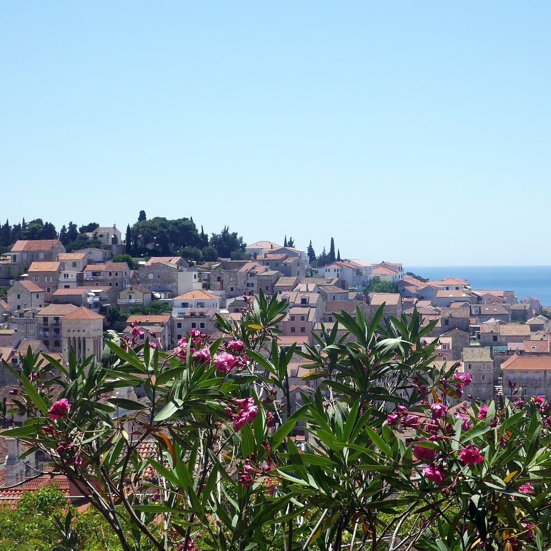 Een foto gemaakt uit de heuvels met uitzicht op de stad Hvar en de zee op de achtergrond.