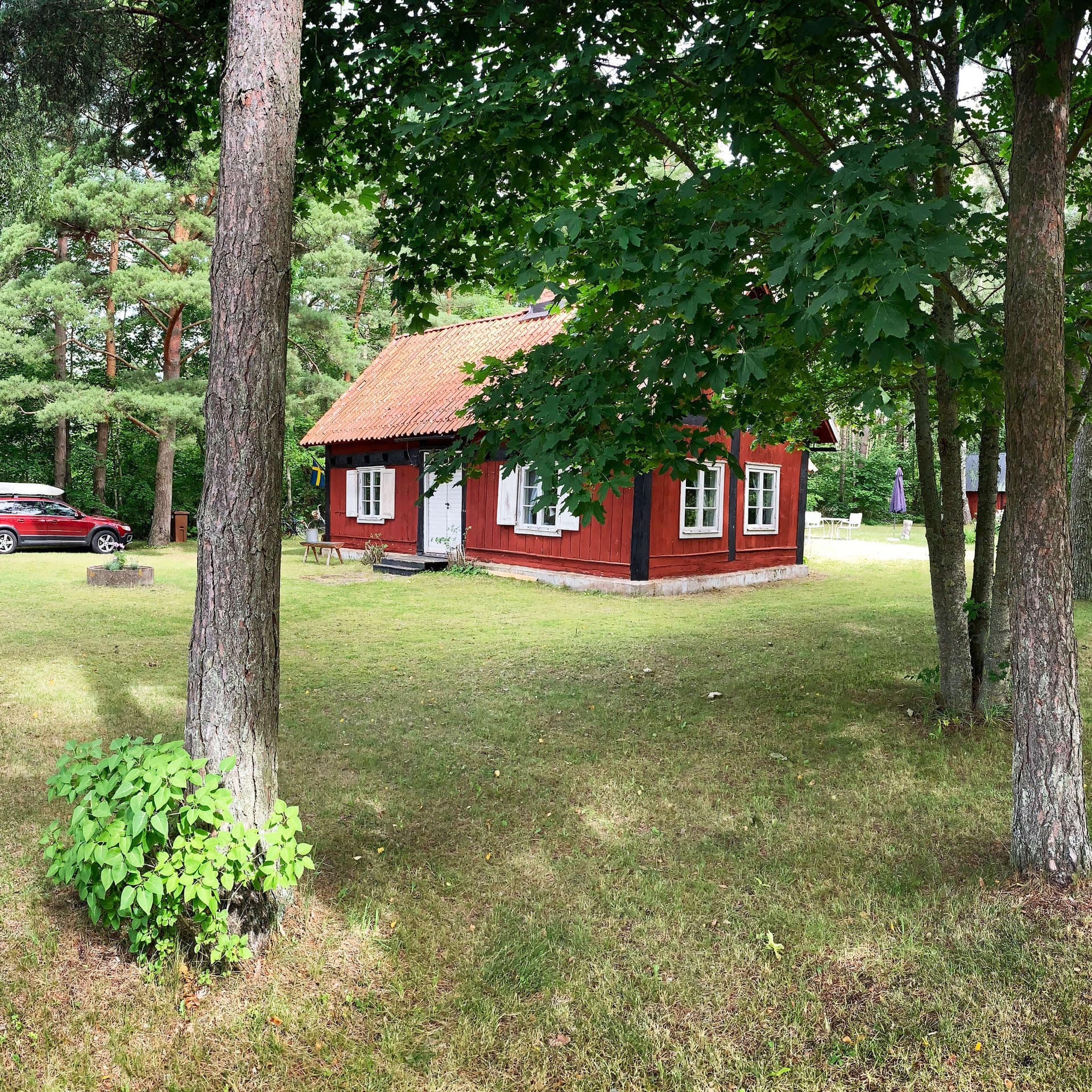 Röd stuga i lummigt område