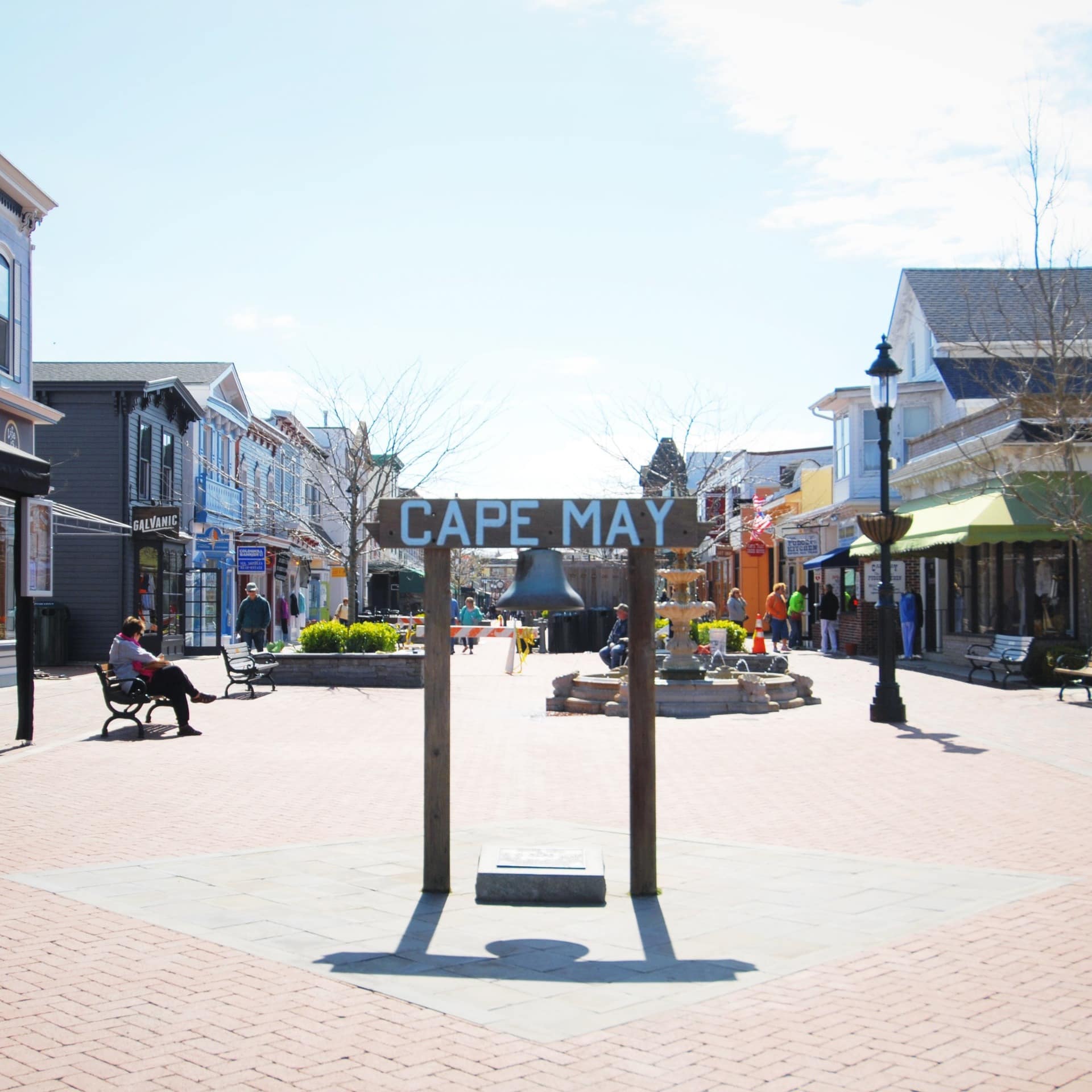 Downtown area of Cape May with town sign