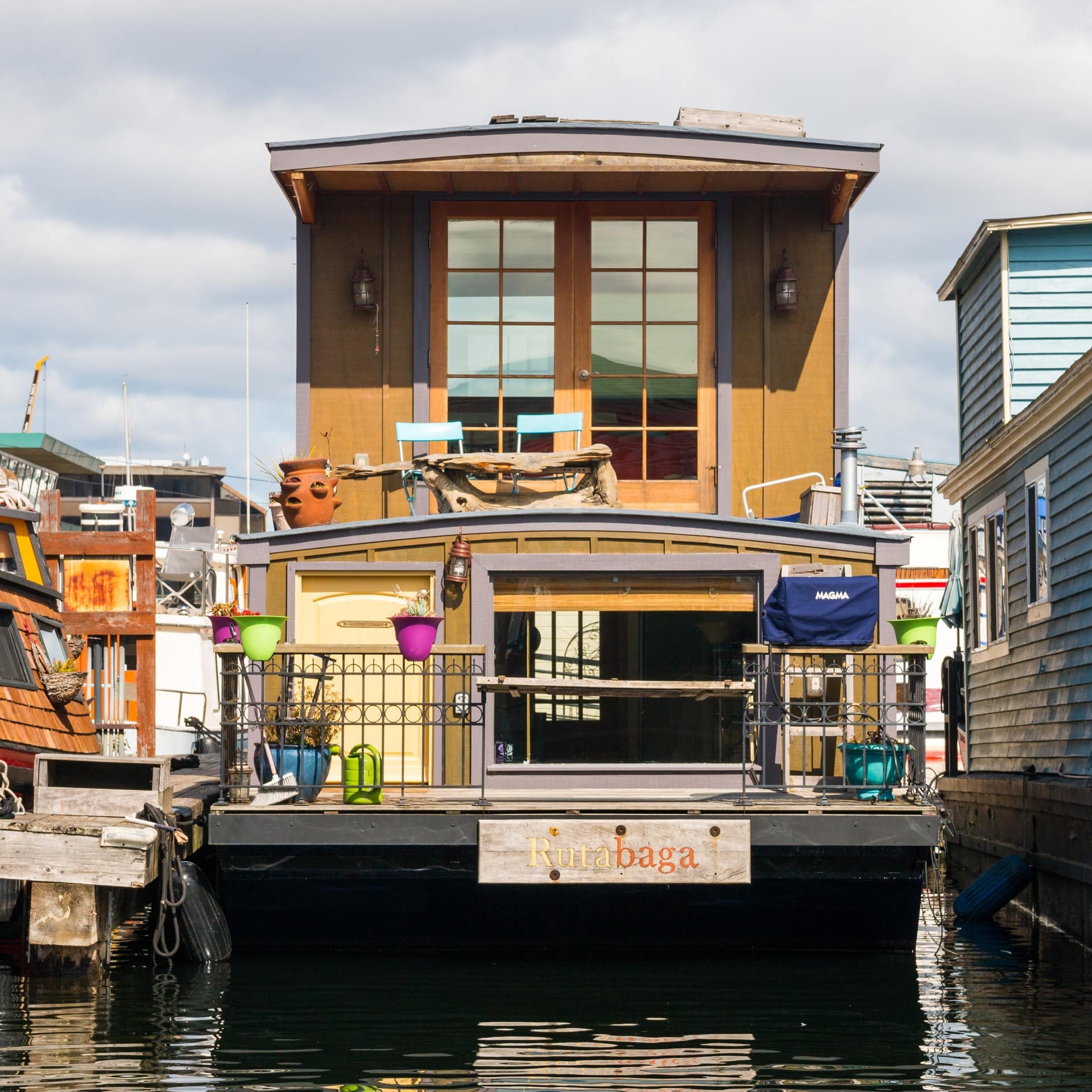 A houseboat moored in the Westlake area of Lake Union