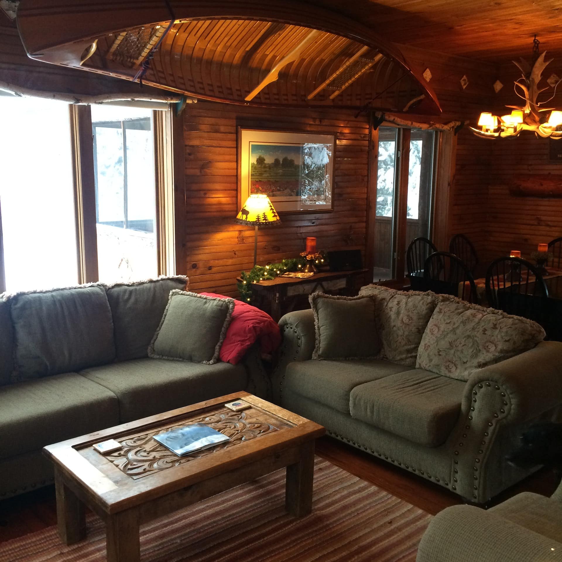 Cozy wood cabin interior with authentic cabin furnishings