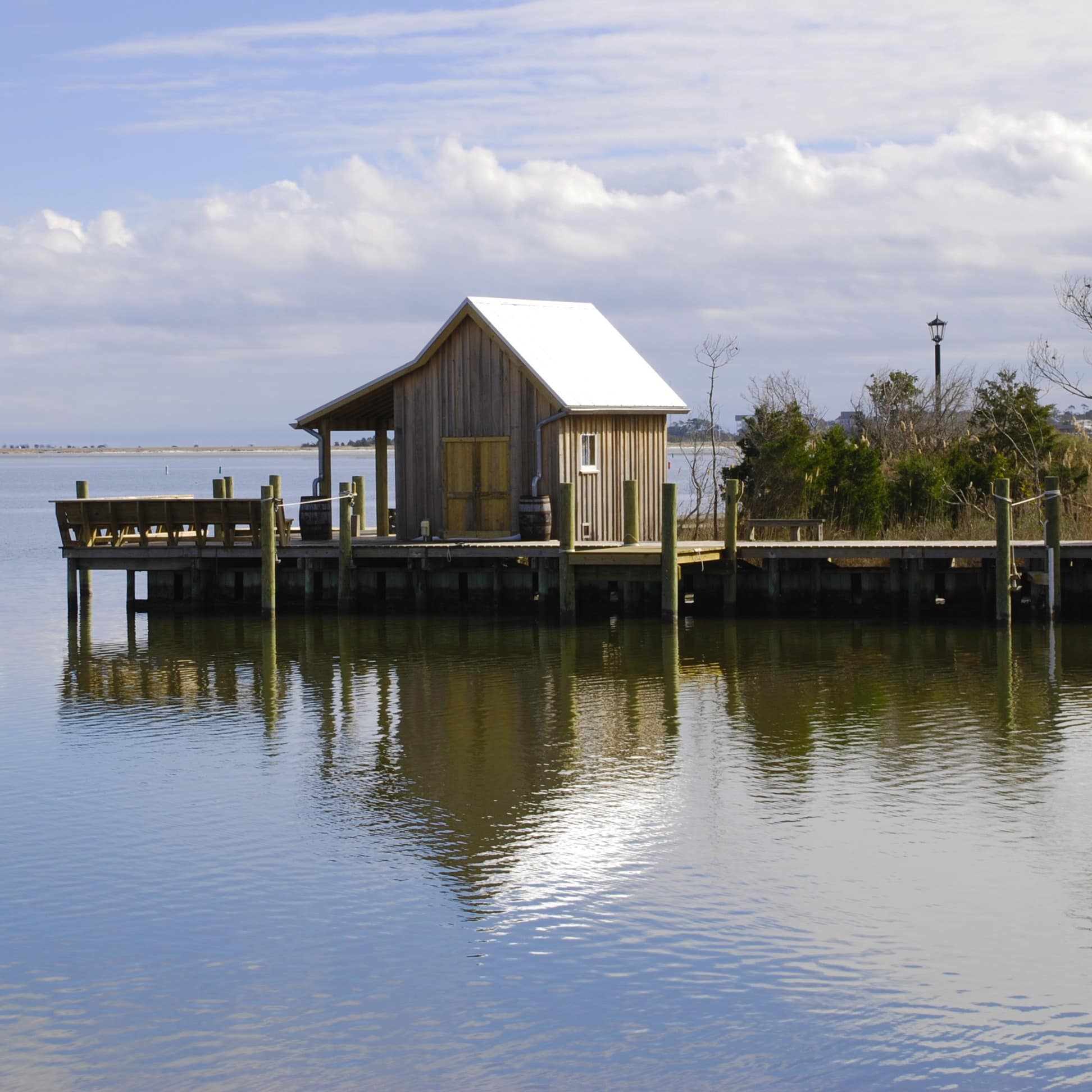 Tranquil boathouse over the ocean on Roanoke Island