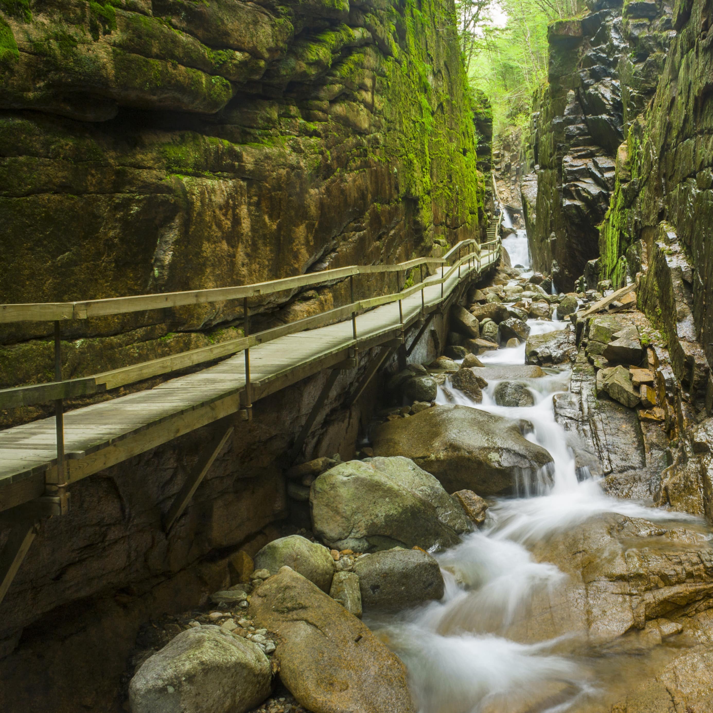 A long suspended bridge over surrounded by rocks in Flume Gorge in Franconia Notch State Park in New Hampshire