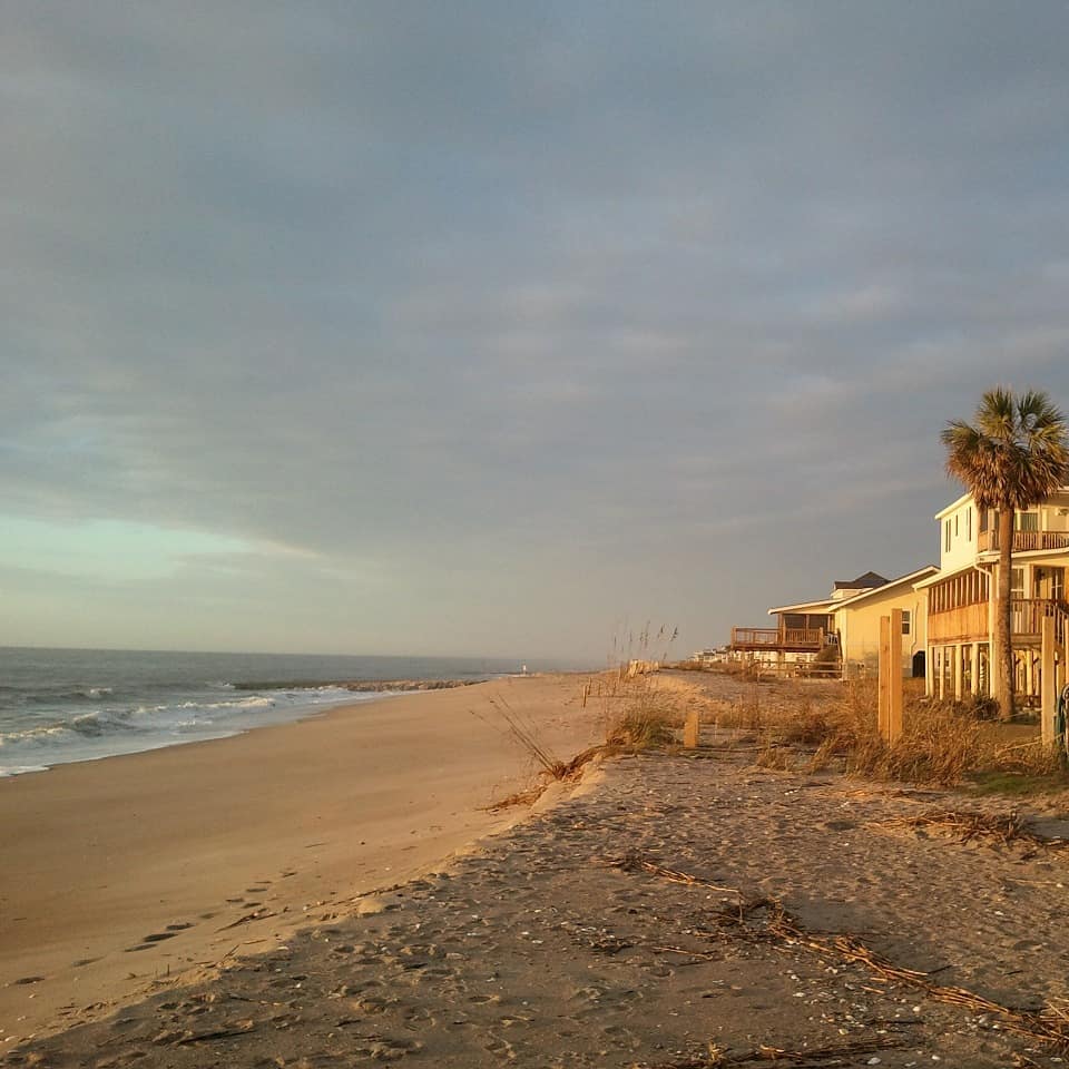 Houses fringe the beach in Edisto, with palm trees and a sunset light