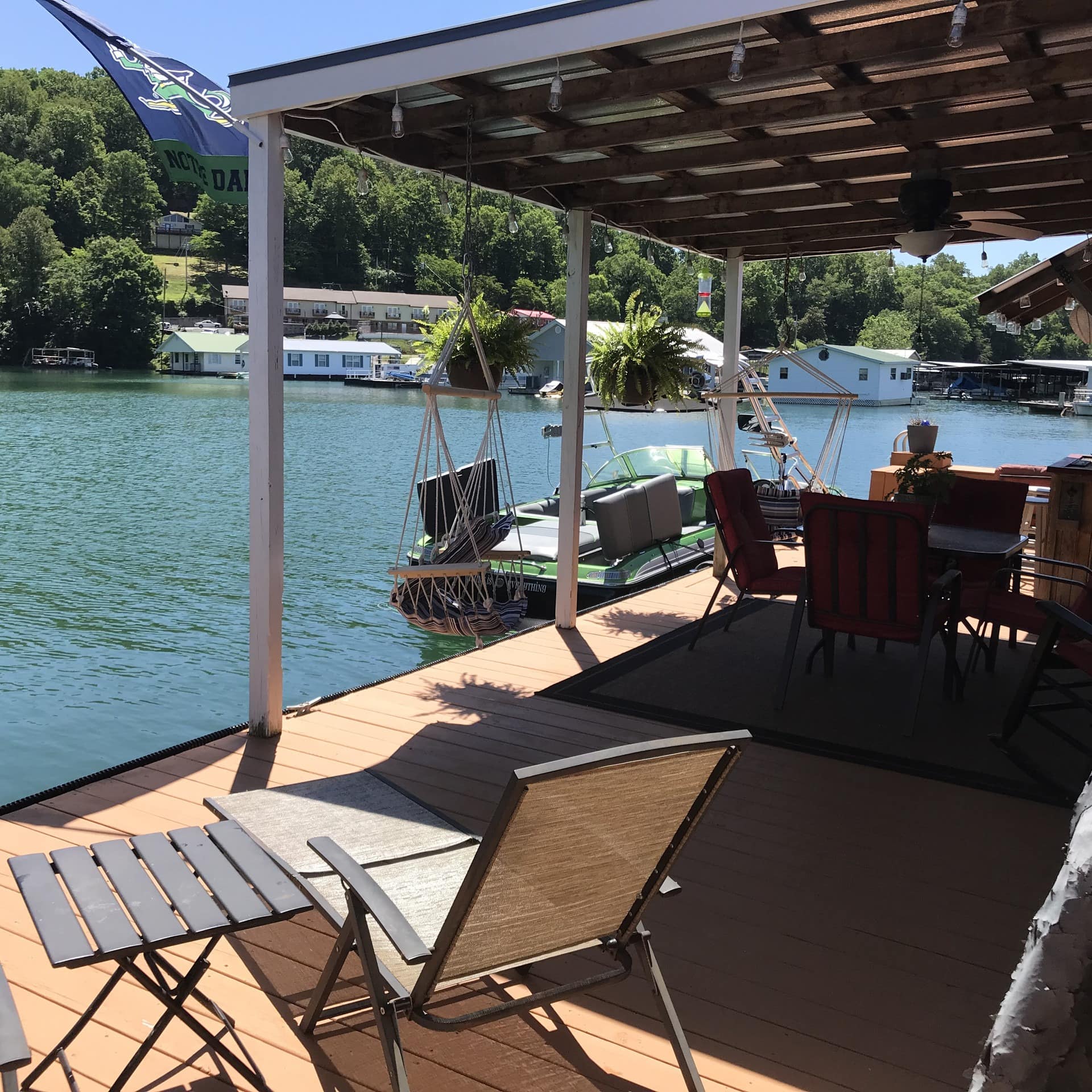 Static houseboats sit along the shoreline of Norris Lake in Tennessee