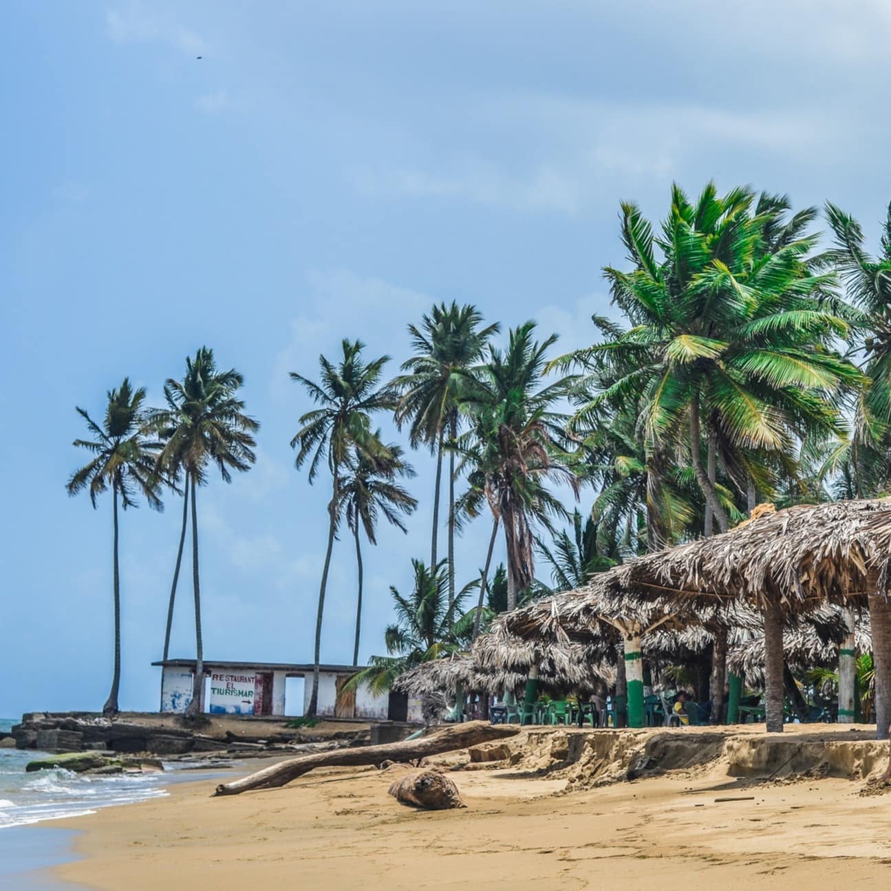 A beach umbrella made of palm fronds