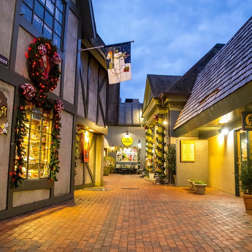 Colorful shops in downtown Gatlinburg adorned with Christmas decorations