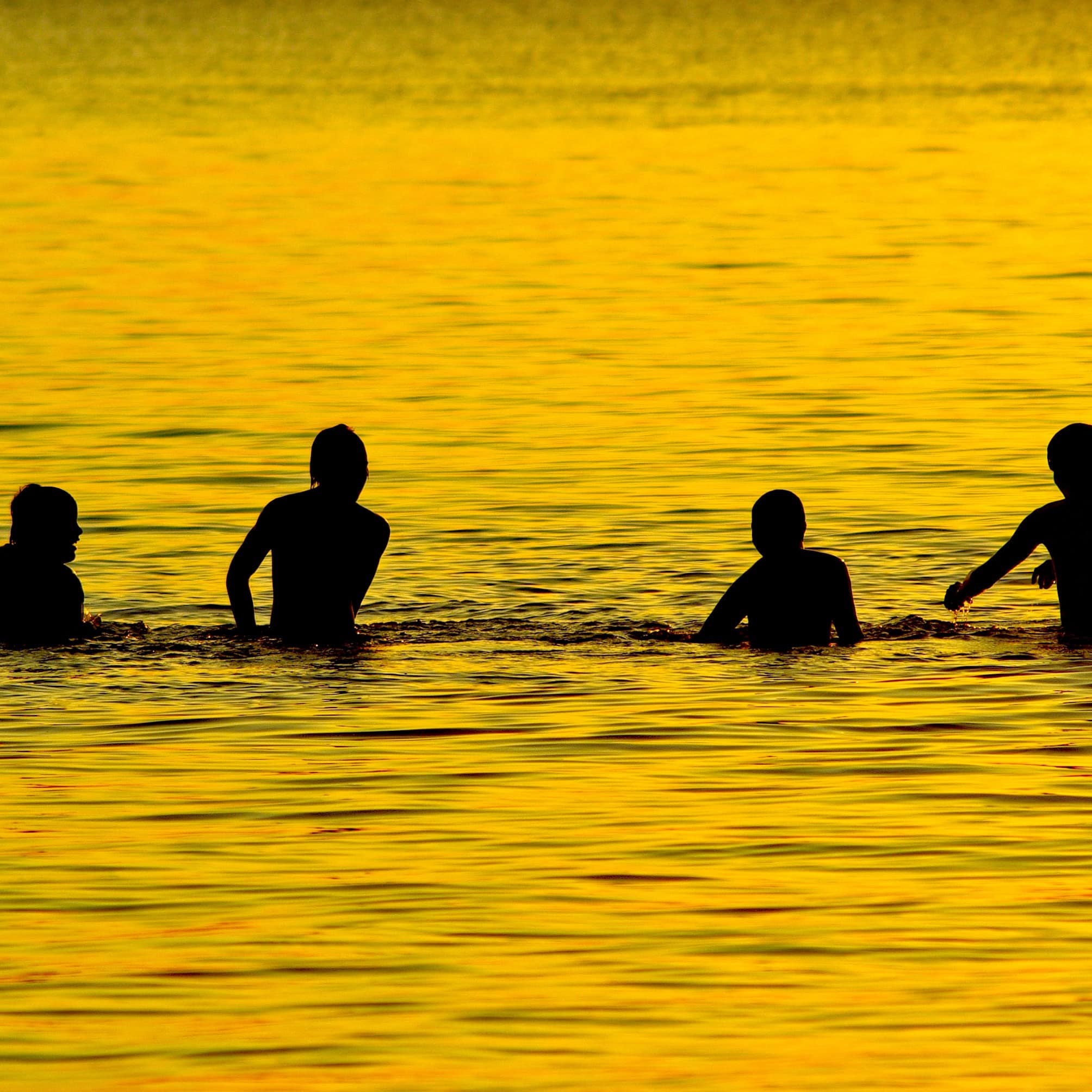 4 boys playing in a lake's golden waters at sunset