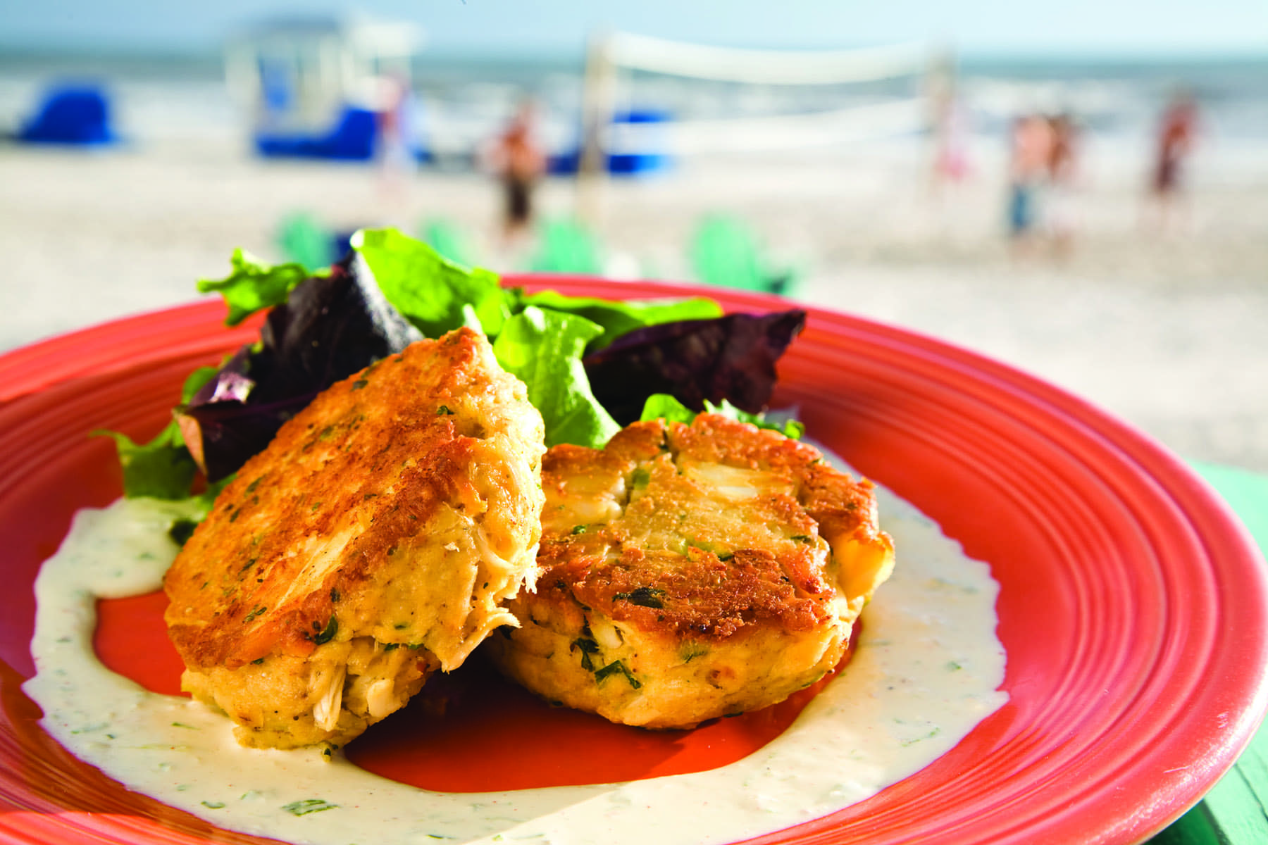crabcakes on a red place at schooners in panama city beach