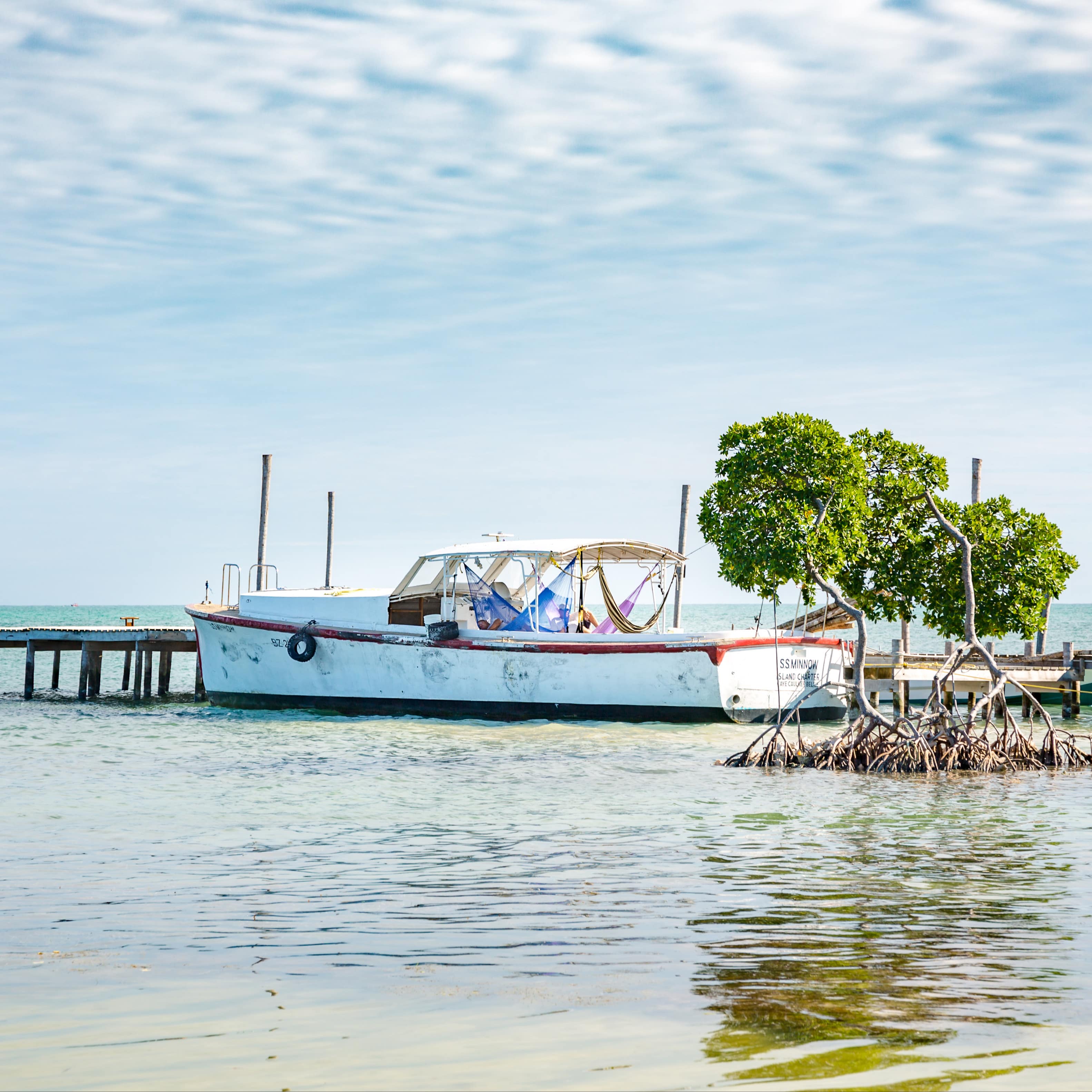 A boat docked in Caye Caulker