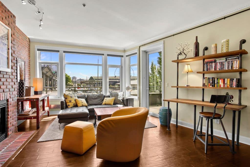 This is an image of a living room overlooking Seattle's waterfront.