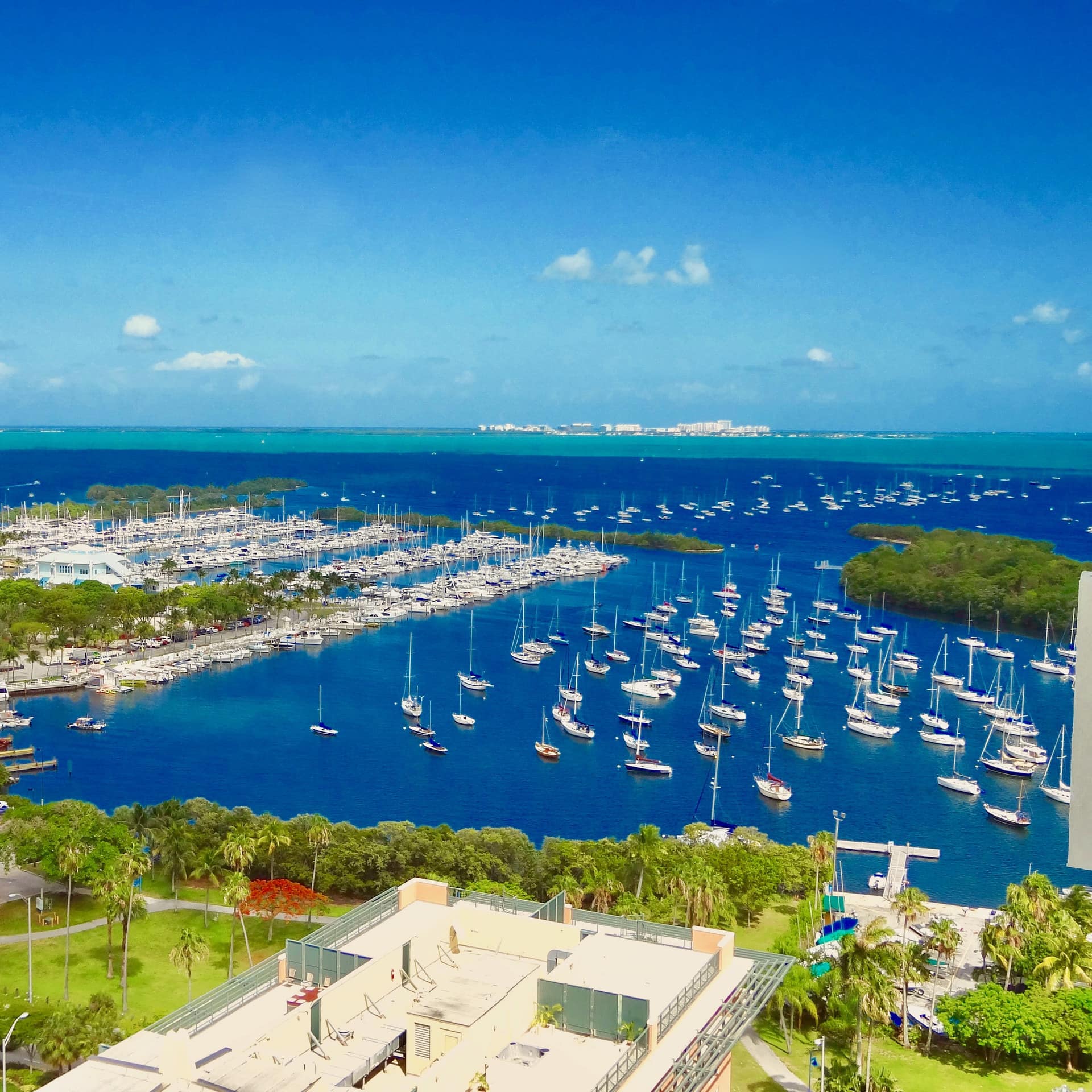 Blue skies and calm seas at a marina in Miami