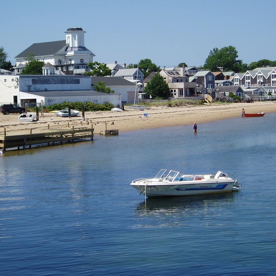 A shot of a quaint village and its beachfront in Cape Cod, MA