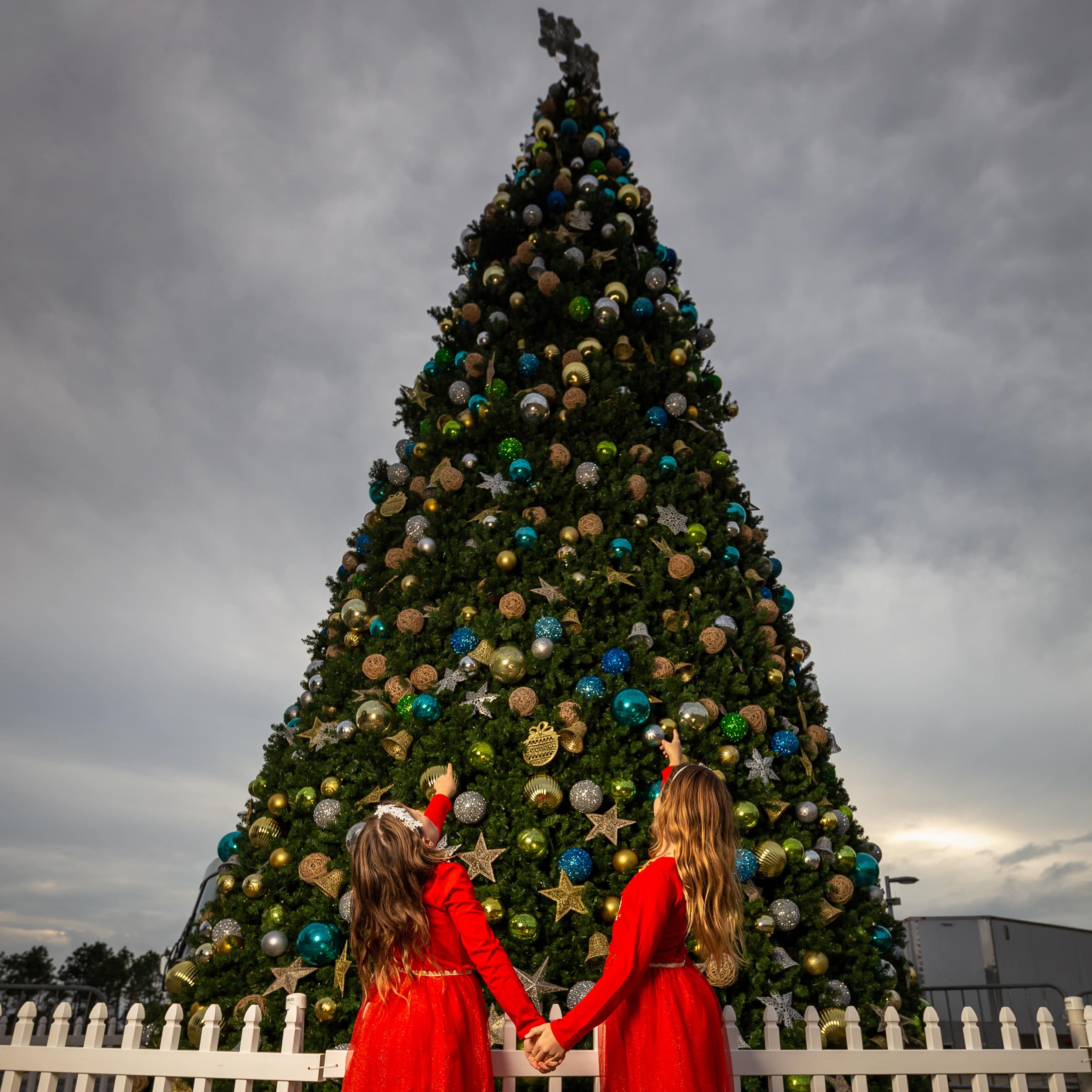 two women hanging ornaments on the christmas tree at aaron bessant park