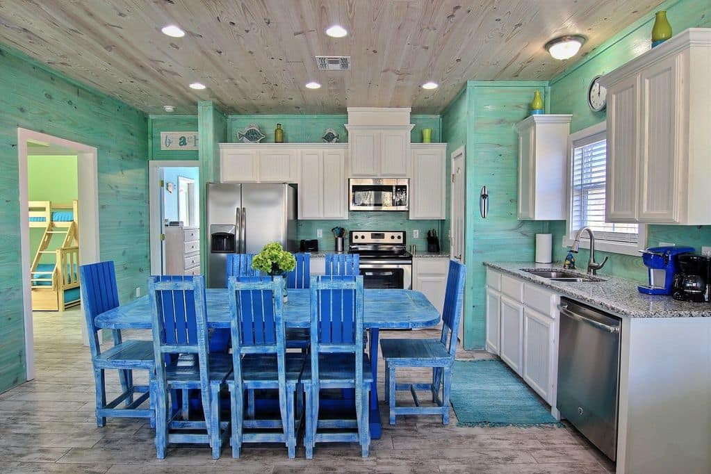 This is a colorful kitchen in a vacation home in Port Aransas, Texas.