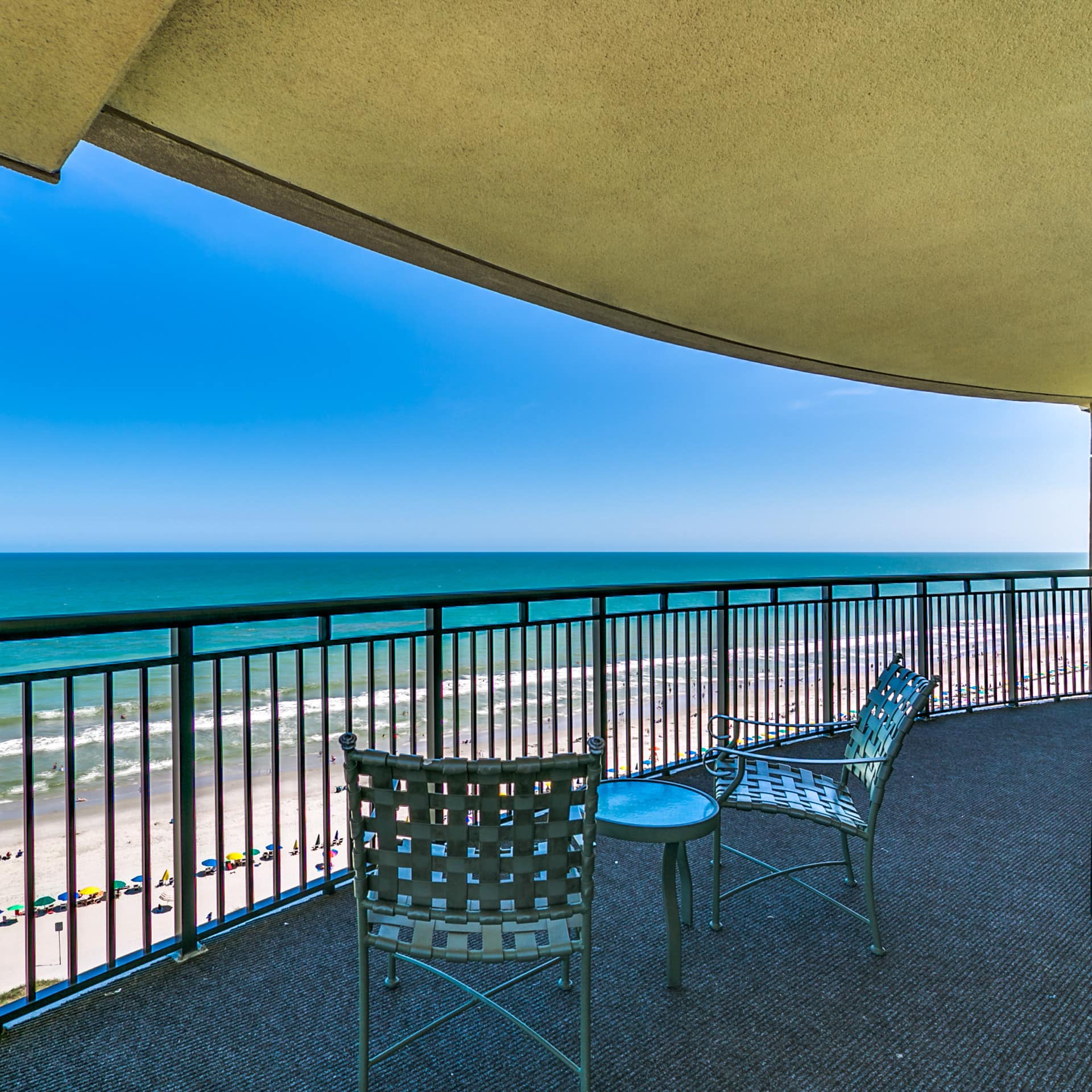 A stunning oceanfront location of a condo balcony overlooking Myrtle Beach's Grand Strand