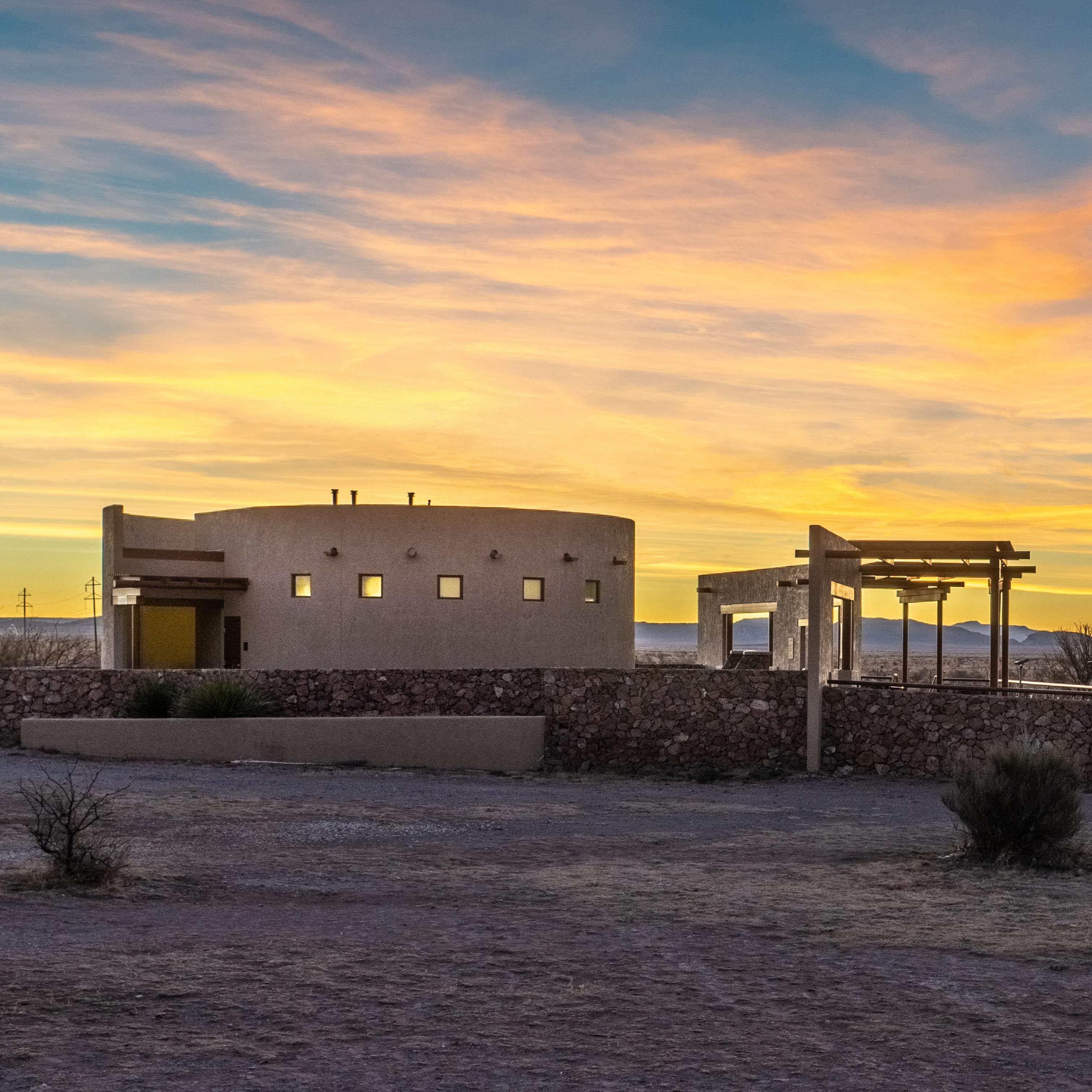 An observation platform and a service building for watching the strange lights at night, Marfa Lights Viewing Center, Texas at sunset