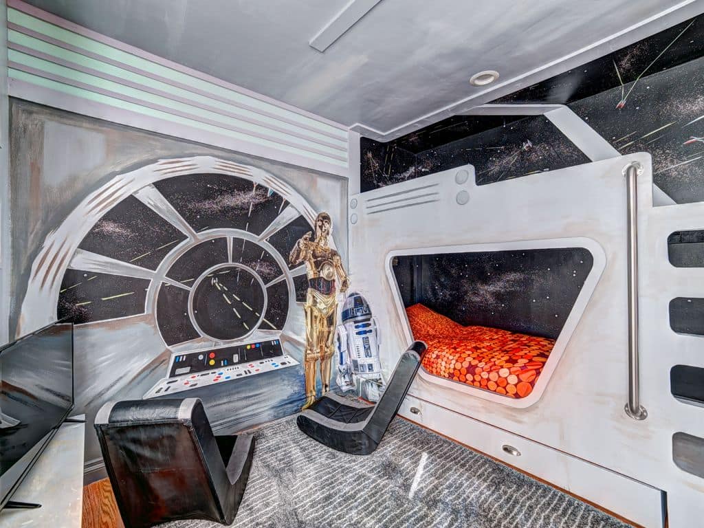 This property features a re-creation of the iconic Millennium Falcon spaceship that Hans Solo piloted in Star Wars.