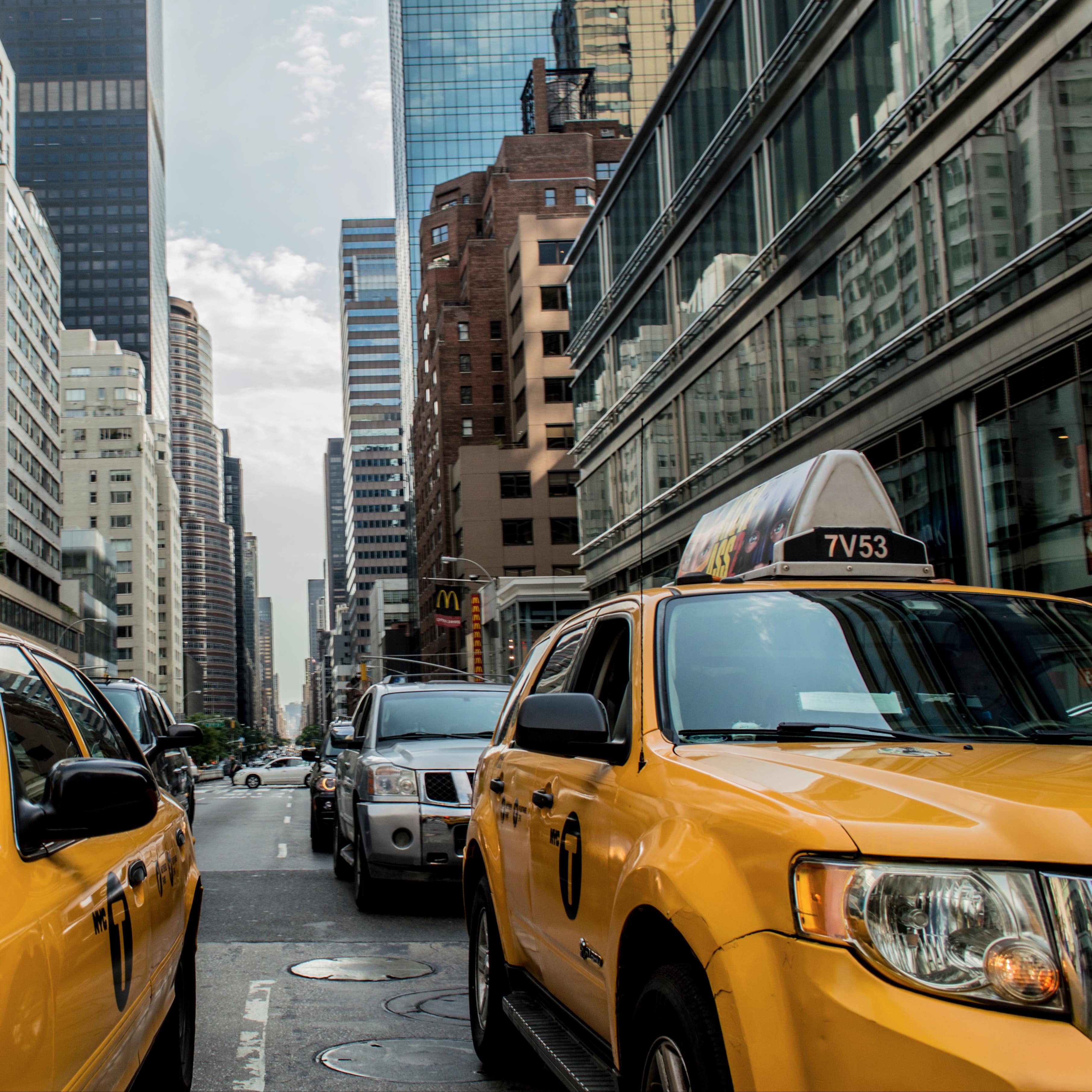 New York City street view with yellow taxi cab