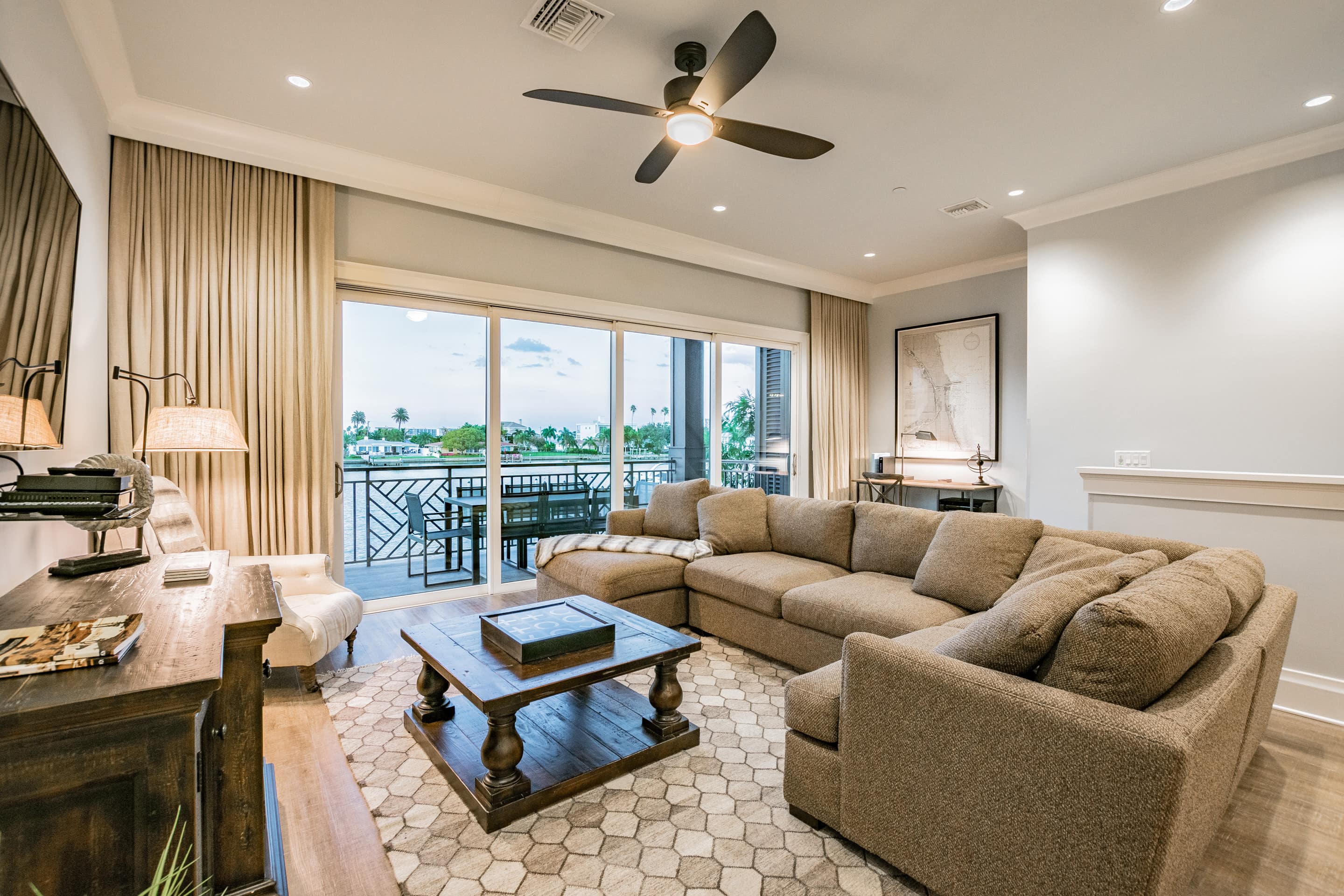 This elegant waterfront townhome has views of Clearwater Bay.