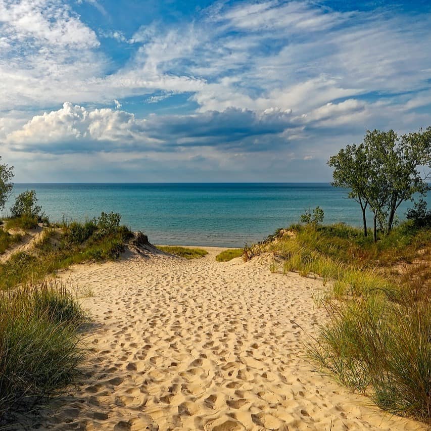 A sandy beach and grassy dunes unfold by the shores of Lake Michigan