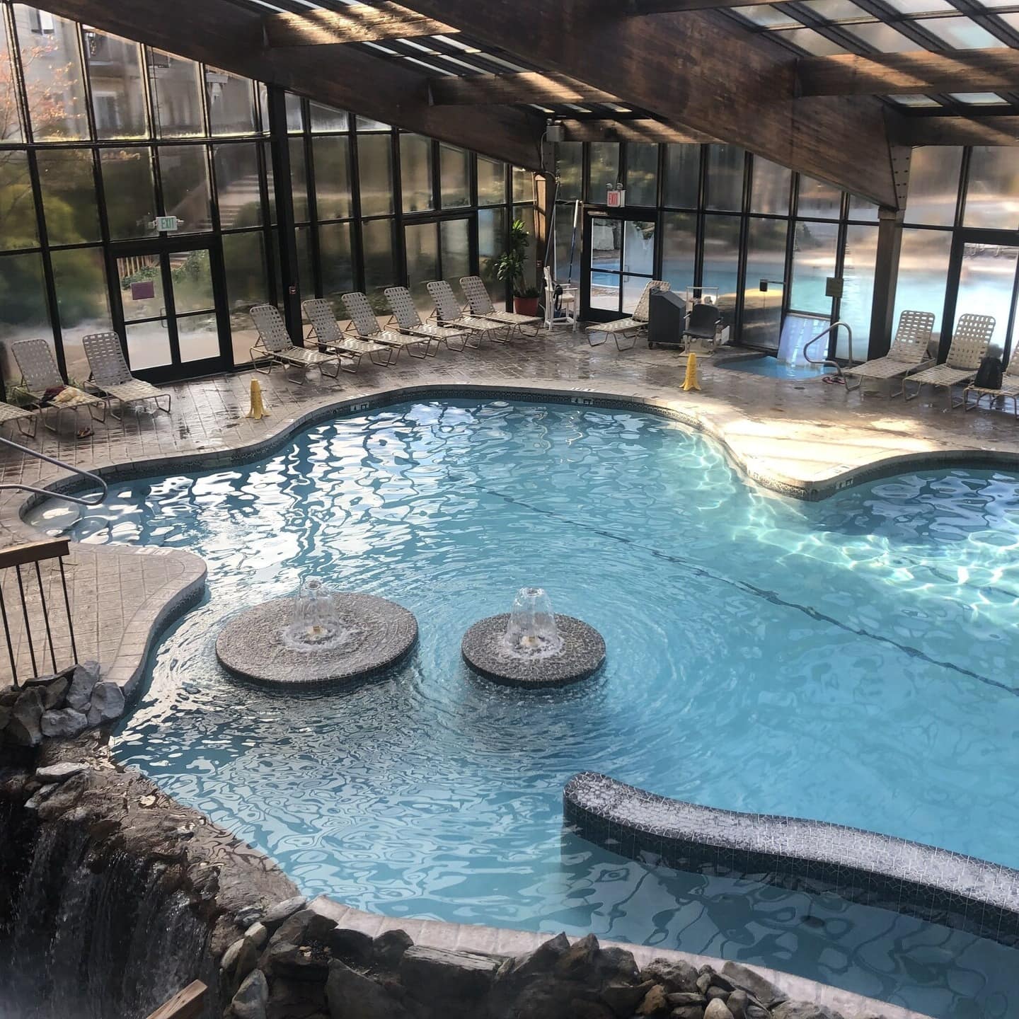 View of indoor and outdoor pool area of Minerals Resort and Spa in Vernon, New Jersey