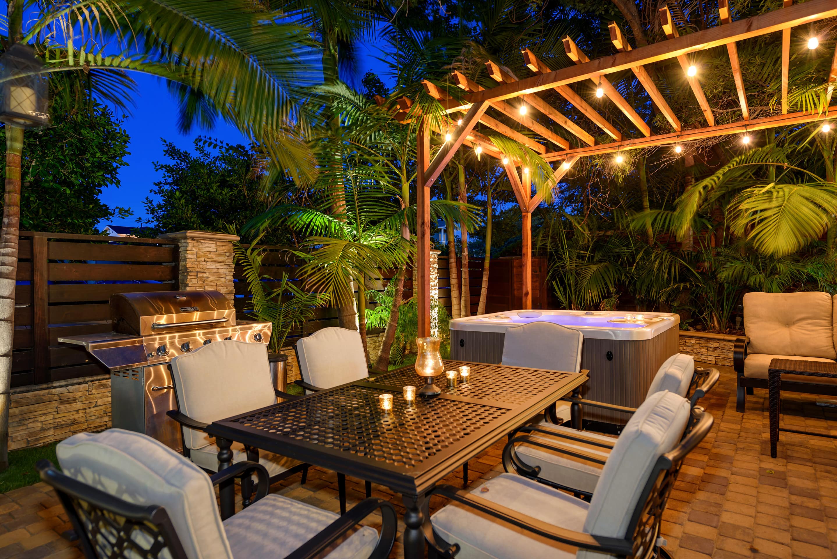 This luxurious home in San Diego features a hot tub for guests to enjoy