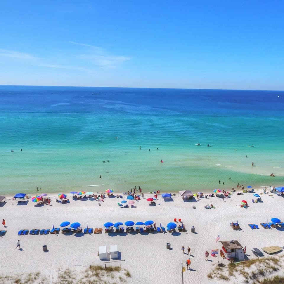 A shot of the Panama City Beach sands, with turquoise-blue Gulf waters