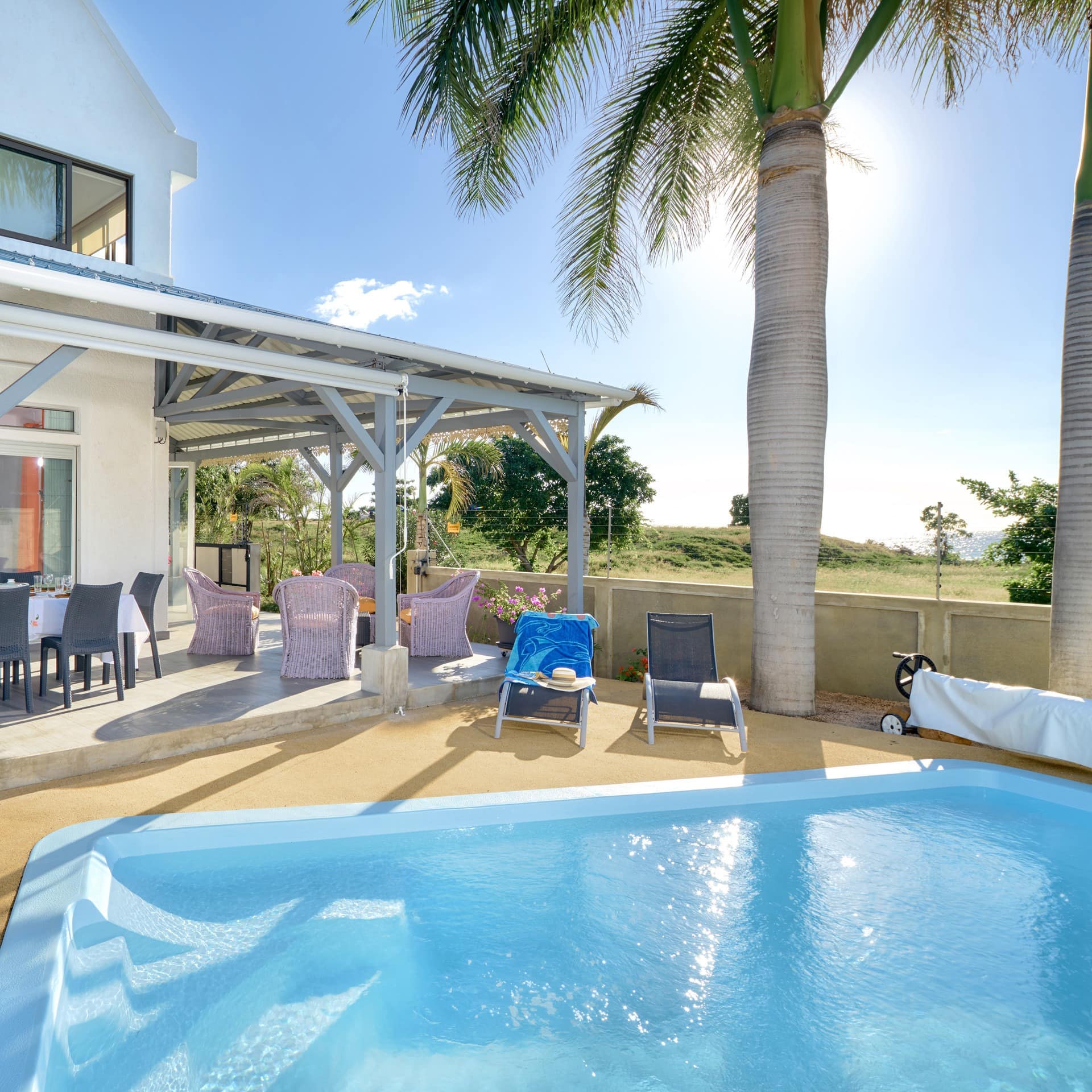 A villa in Mauritius with fat-bottomed palm trees and a swimming pool close to the coast