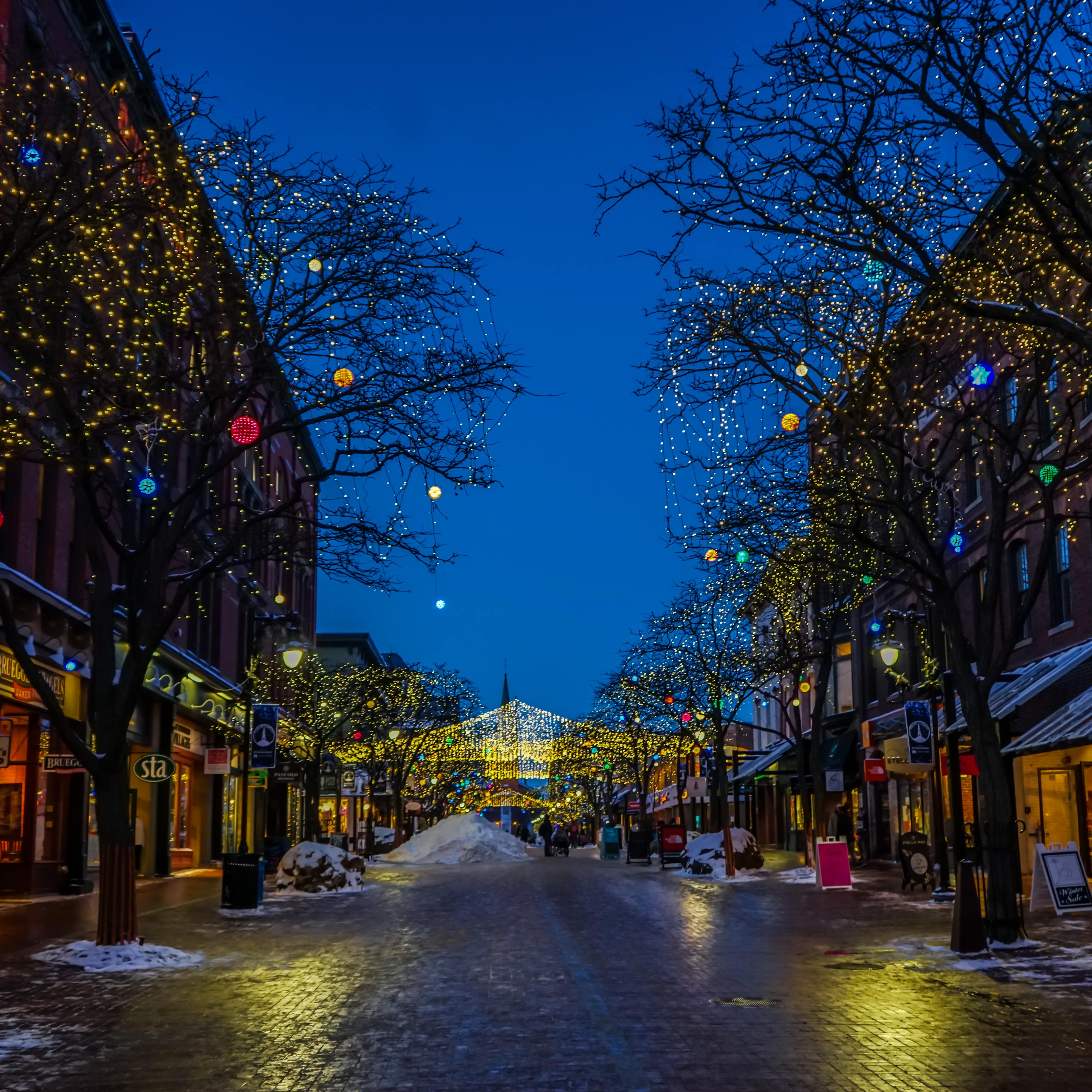 Attractively lit historic main street in Vermont at night