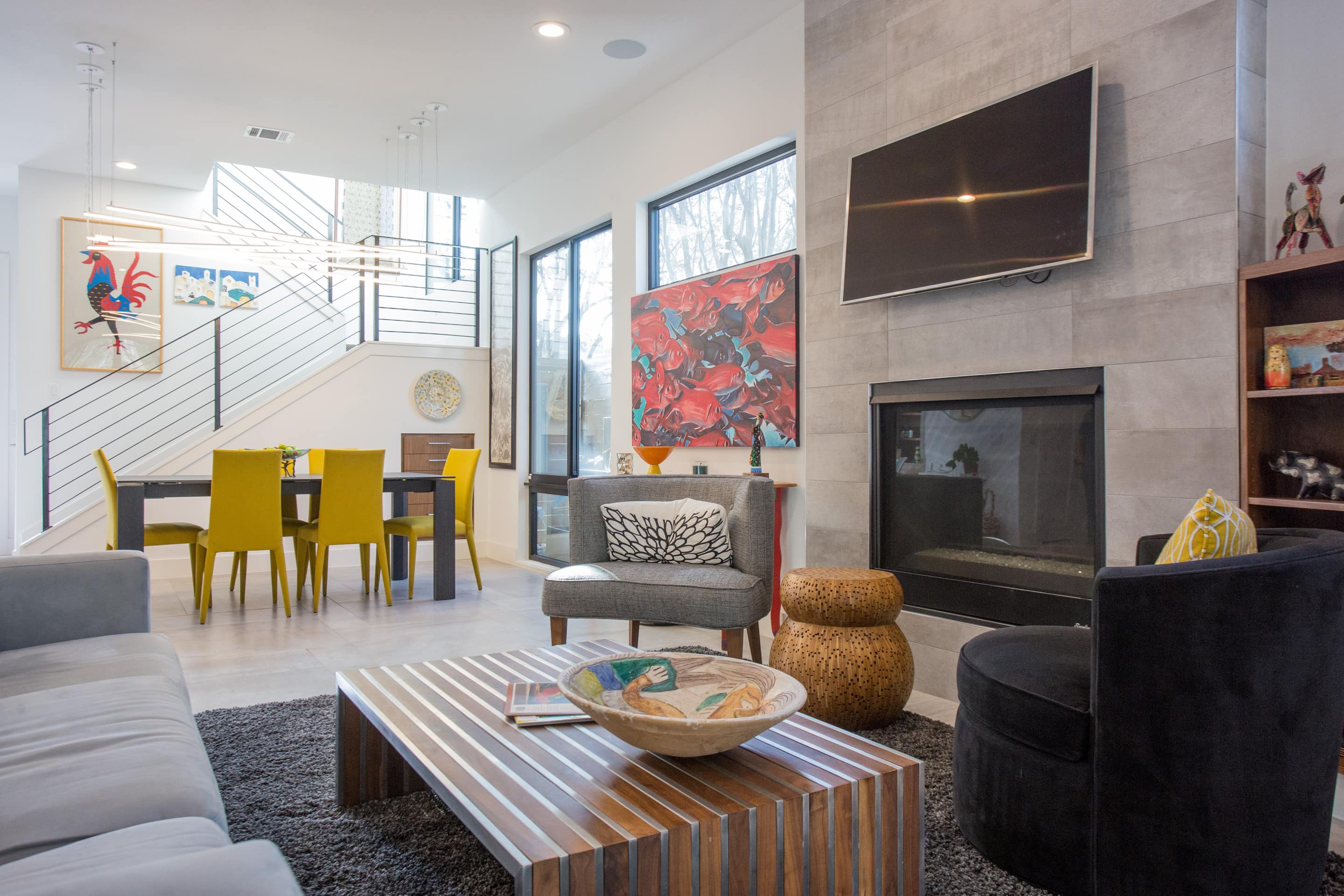 This 4-bedroom home in Austin features a high-end kitchen, striking decor, and a heated pool